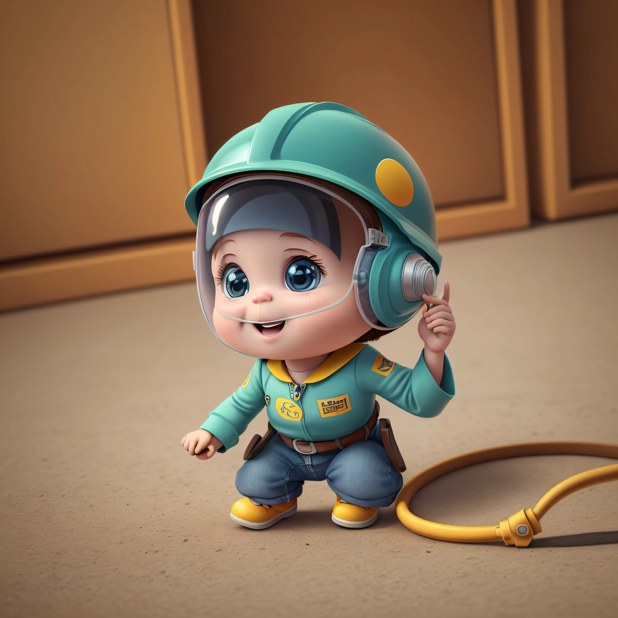 A 3D drawing of an adorable in the style of Pixar studios, wearing a safety helmet for occupational safety. --auto --s2