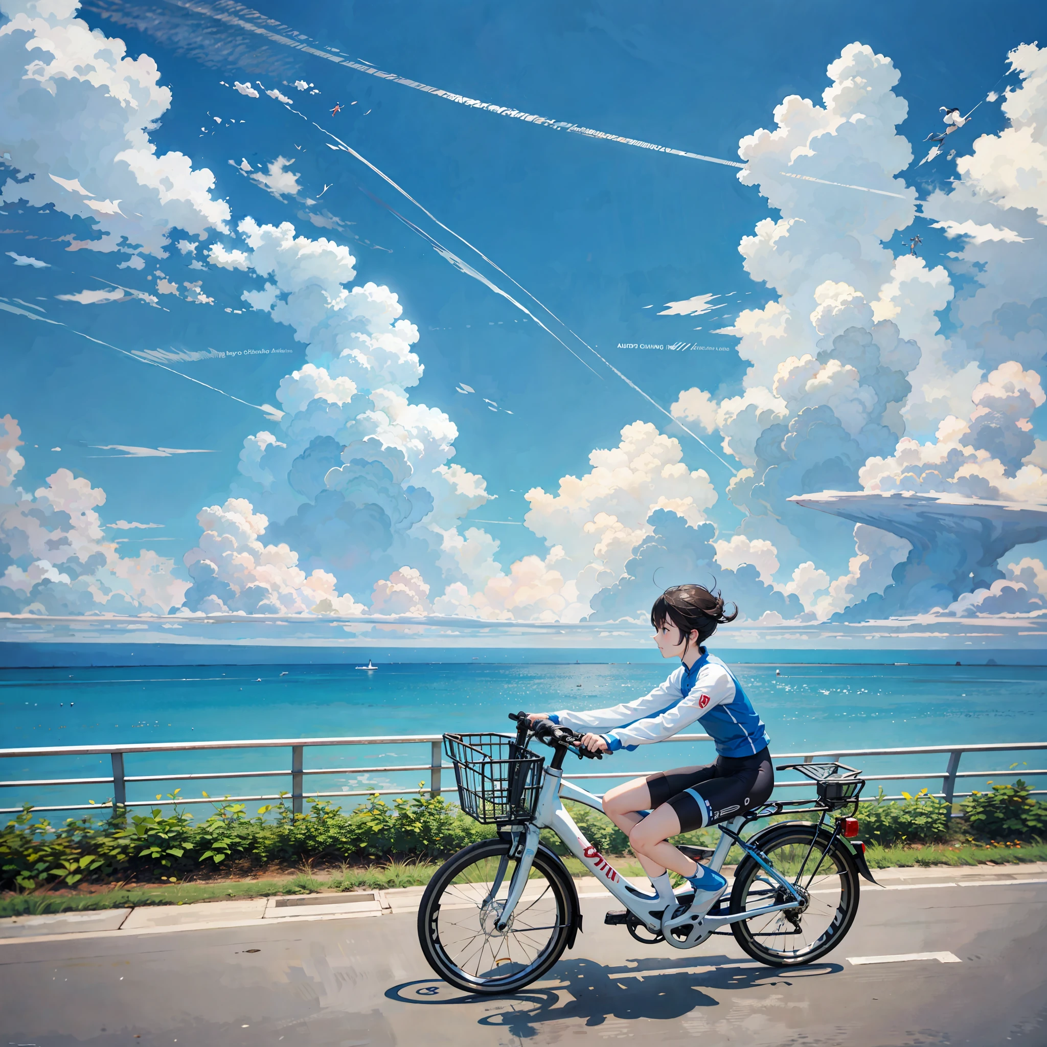 Blue sky, white clouds, sea, Chinese girl cycling and Chinese boy running --auto --s2