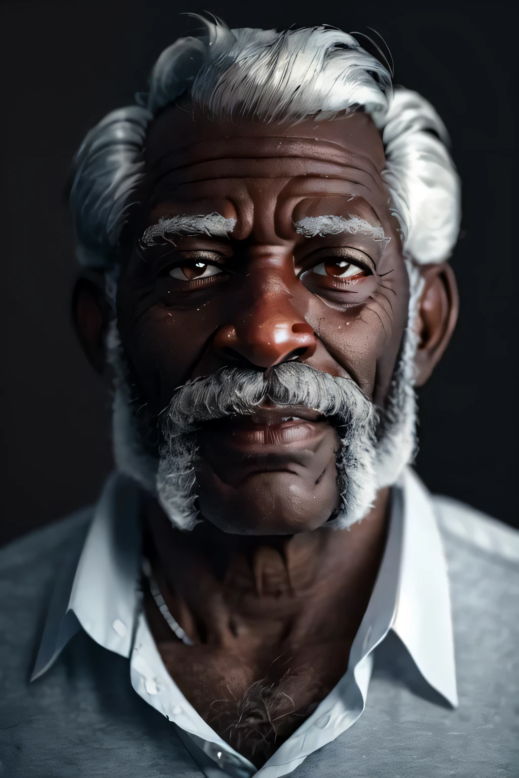 masterpiece, realistic, 8k, (1man:1.3), black man, white shirt, (wrinckles:1.3), (very old man:1.3), north-african, (very skinny:1.2),( dark skin:1.1), (white hair:1.3) (side-burns:1.1), (mutton-chops:1.2), smiling