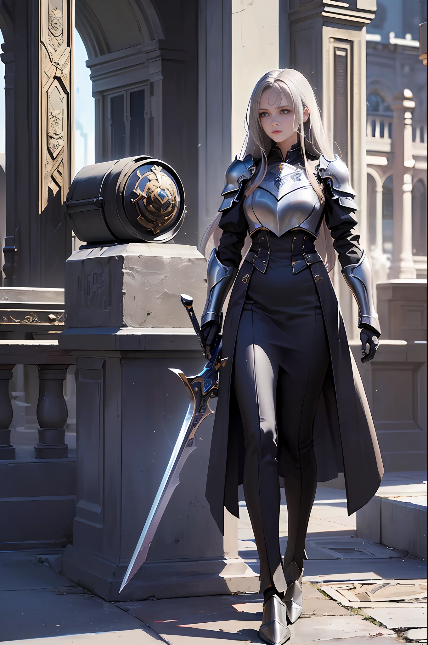 (((Machine World, Best Image Quality, Masterpiece, Realistic, Transcendent Beautiful Girl))), Full body, Transcendent Long Hair, Dark Silver Hair, Detailed Textured Skin, Machine Covered Armor, Mechanical Sword in Right Hand, Machine Shield in Left Hand, Face Is Dirty, Profile
