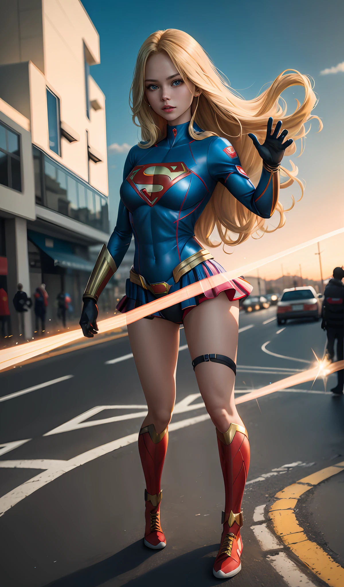 4k, realistic, carismatic, very detail, there is a girl on sky, wearing super girl costum, she is super girl, super hero theme, blonde long hair, 25 years old, full body