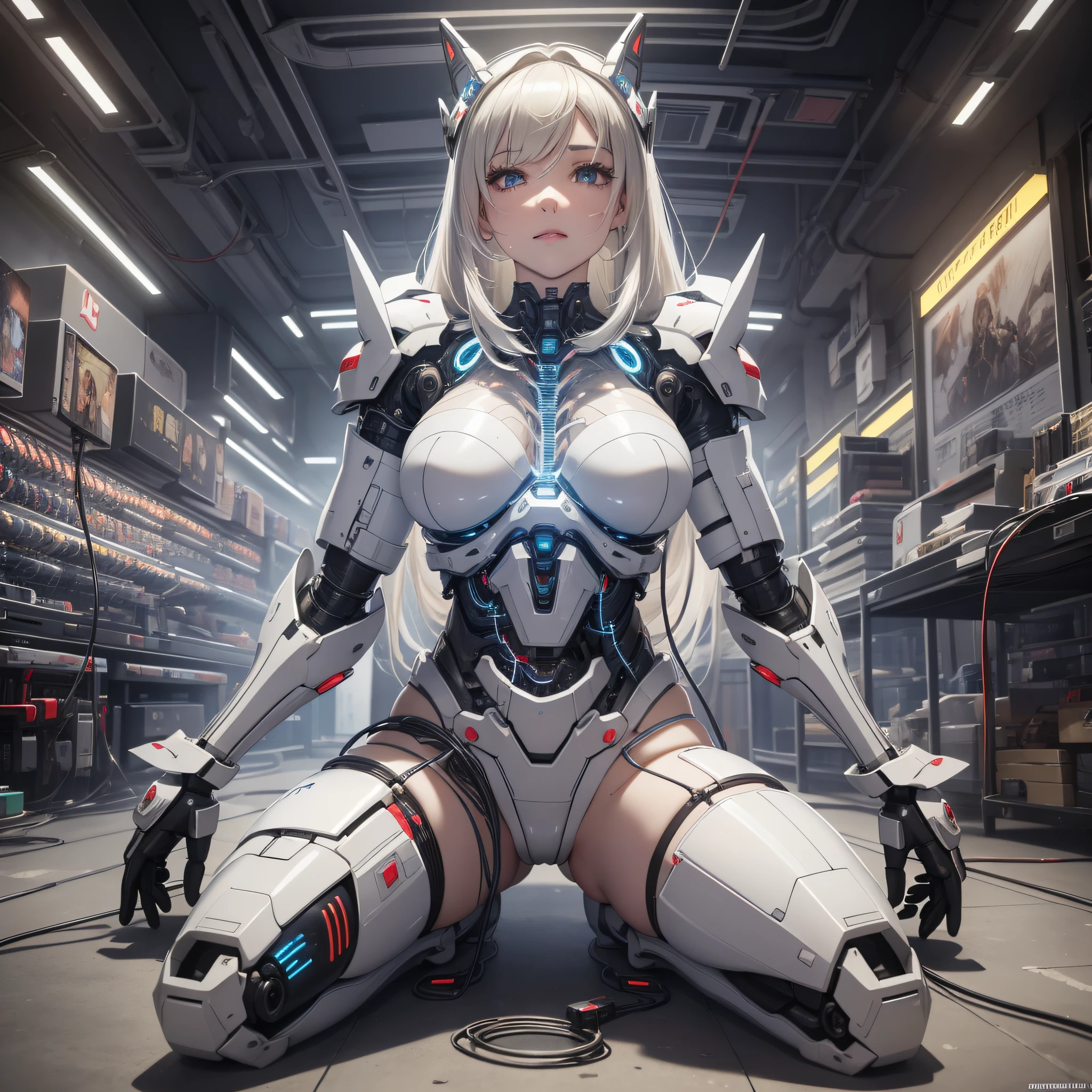 Wears complex bioluminescent mechanical cyborg armor made of 1mechanical_girl (old plastic in white beige), ((Ultra-realistic details)), detailed_face, global_illumination, shadow, octane_render, 8k, ultra_sharp, metal, ornaments_ detailed、cold_colors、egypician_detail、highly_intricate_details、realistic_light、trending_on_cgsociety、glowing_eyes、facing_camera、neon_details、machanical_limbs、blood_ vessels_connected_to_tubes, ((lot_wires_and_cables_connecting_to_head_and_body)), killing_machine, extremely_sexy, Lust,, Part skin, Beautiful woman's face, Sensuality, Pornography, Sharp eyes, 40-year-old woman, Anguishing pose, Full body