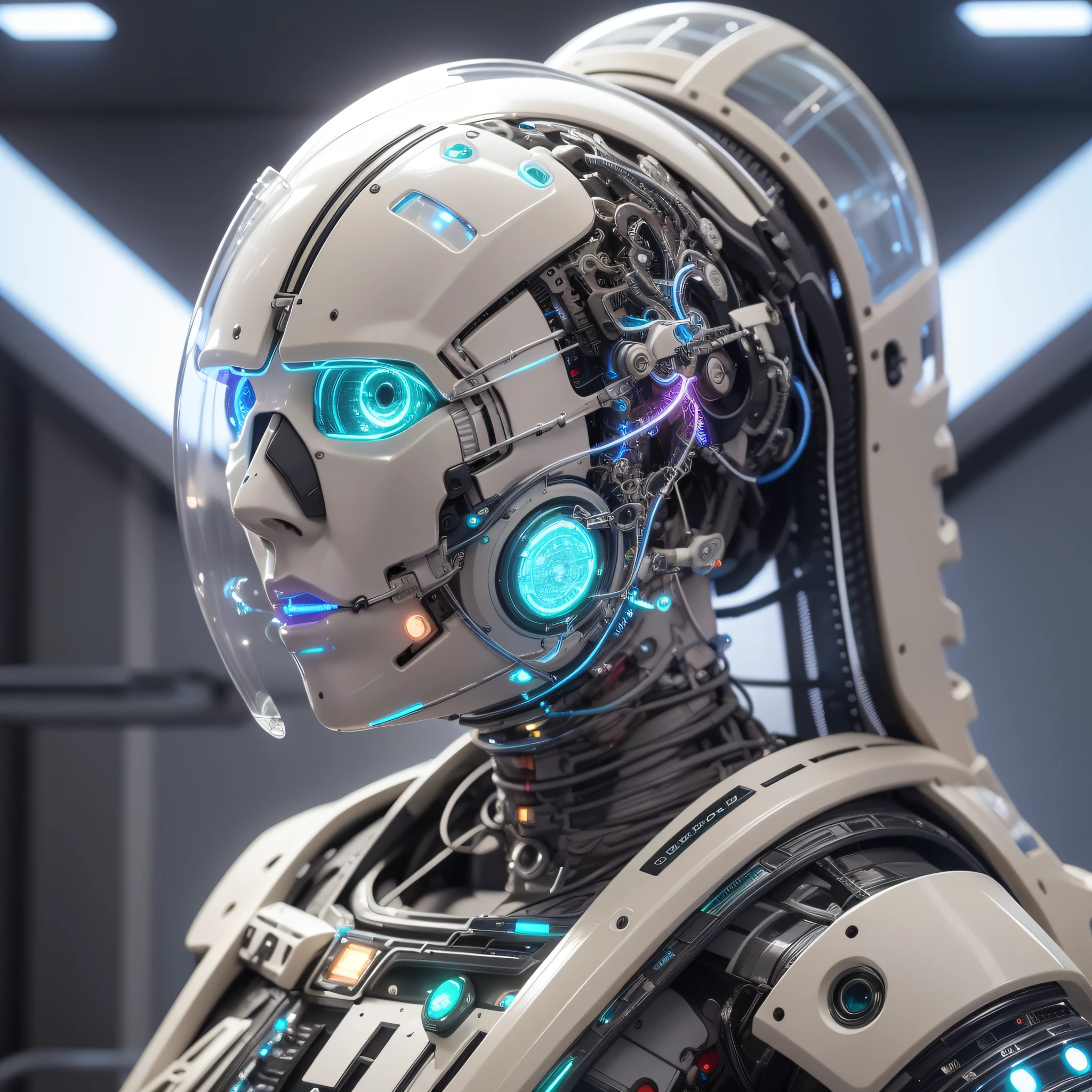 1mechanical_girl wearing intricate bioluminescent mechanical cyborg armor made out of (white beige old plastic) , ((ultra realistic details)), detailed_face, global_illumination, shadows, octane_render, 8k, ultra_sharp, metal, ornaments_detailed, cold_colors, egypician_detail, highly_intricate_details, realistic_light, trending_on_cgsociety, glowing_eyes, facing_camera, neon_details, machanical_limbs, blood_vessels_connected_to_tubes, ((lot_wires_and_cables_connecting_to_head_and_body)), killing_machine, extremely_sexy, lustful, slutty