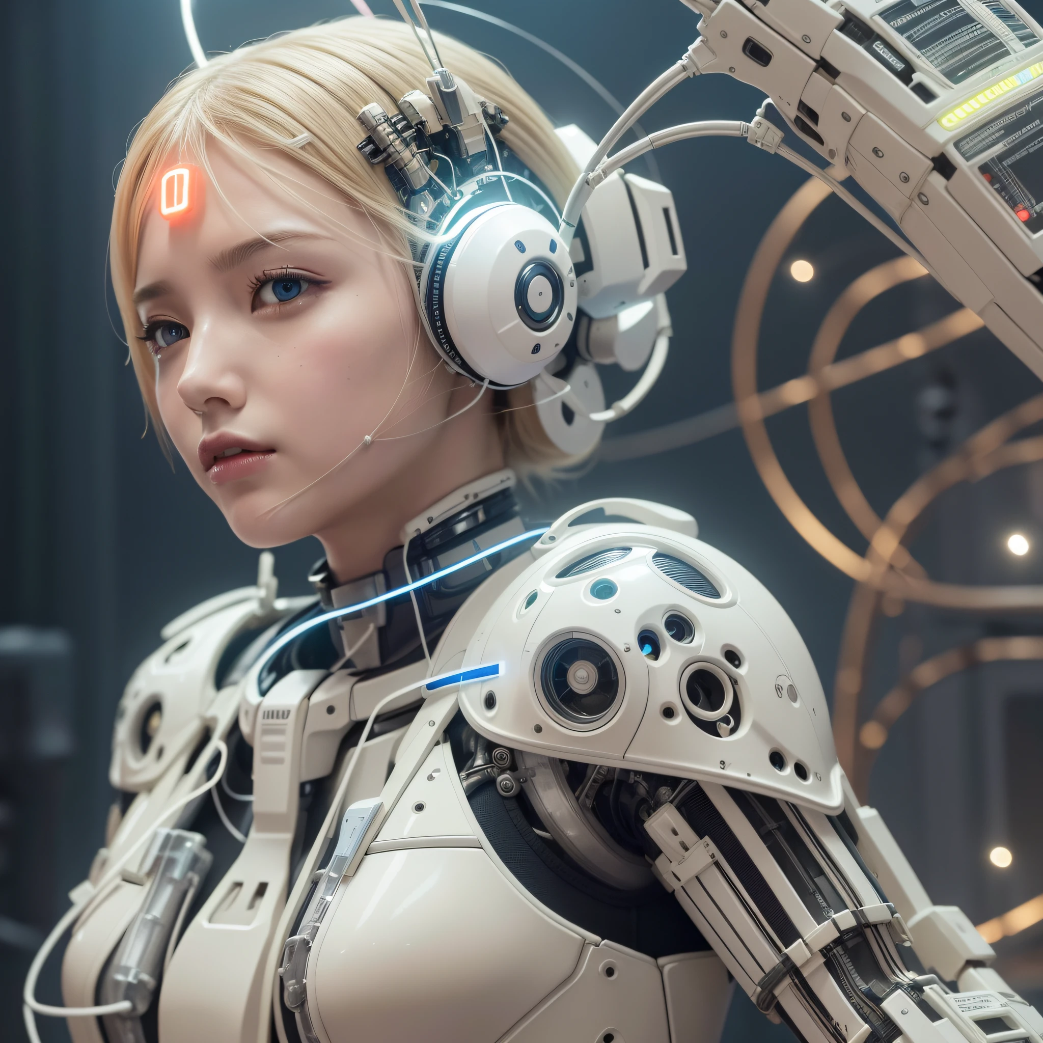 1mechanical_girl wearing intricate bioluminescent mechanical cyborg armor made out of (white beige old plastic) , ((ultra realistic details)), detailed_face, global_illumination, shadows, octane_render, 8k, ultra_sharp, metal, ornaments_detailed,  cold_colors, egypician_detail, highly_intricate_details, realistic_light, trending_on_cgsociety, glowing_eyes, facing_camera, neon_details, machanical_limbs, blood_vessels_connected_to_tubes, ((lot_wires_and_cables_connecting_to_head_and_body)), killing_machine, extremely_sexy, lustful, slutty