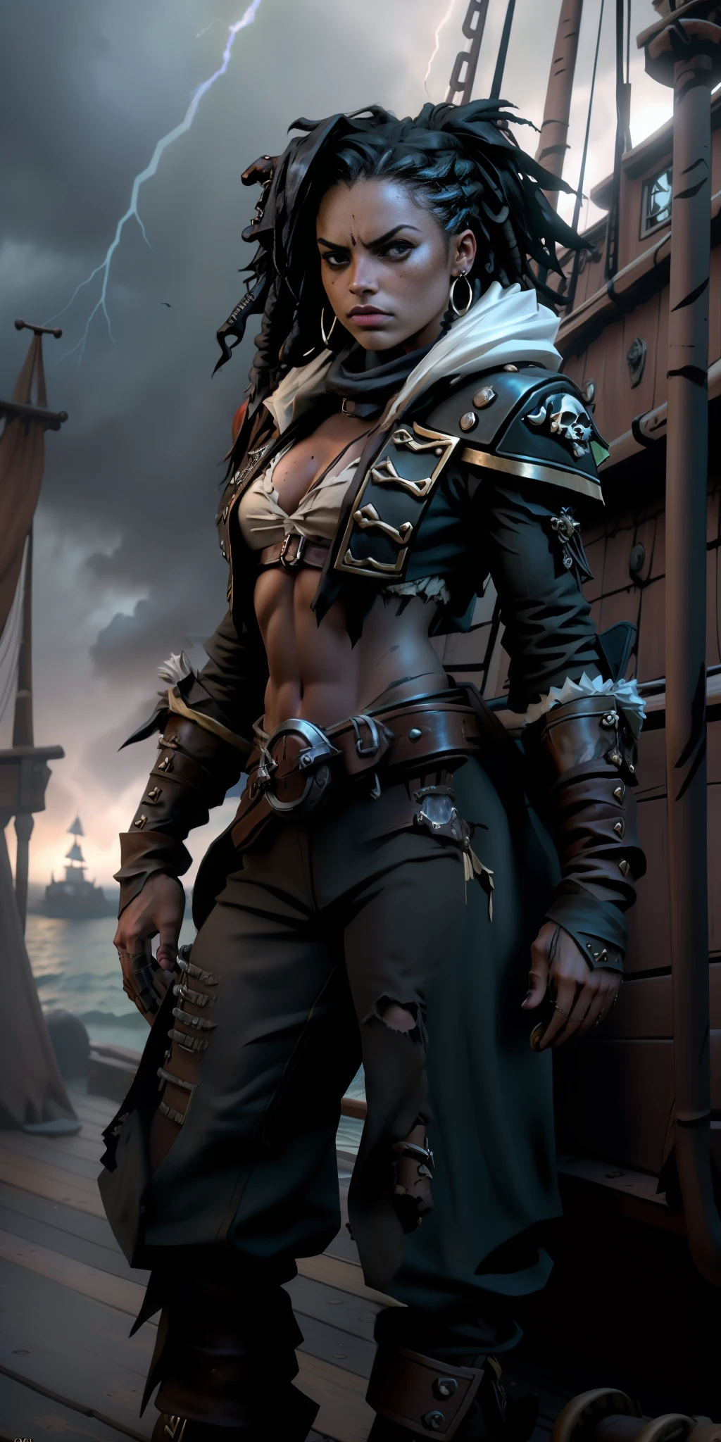 dramatic lighting, high quality, cinematic film, (attractive black girl, pirate, dirty, ragged, standing on the deck of a pirate ship docked in the caribbean port), model body, dark and gloomy atmosphere, curvy body, perfect face, looking at viewer, (detailed skin), [freckles], ((dirty)), (muddy), (storm clouds: 0.7), (storm weather: 0.5), dull, natural lighting, ( direct light:0.4), 8mm film grain, shot on Sony a9 II, 24mm lens, f/2.8 aperture, deep focus, (RAW), 8k, (still from The Lost Pirate Kingdom)