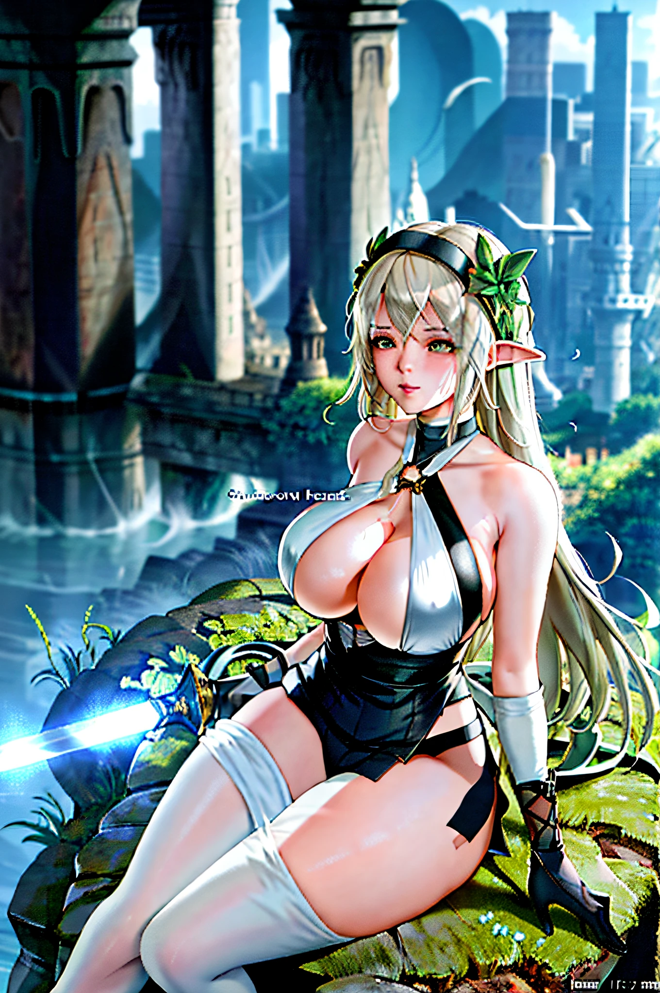 huge breasts, pointed ears, best quality, masterpiece, high resolution, high detail: 1.2), 8k uhd, DSLR, soft light, high quality, volumetric light, stealth shot, photo, high resolution, 4k, 8k, bokeh Girl with sword sitting on rock in forest with sword, nier 2 b, 2b nier automata, nier, 2b, 2 b, nier autoamata, nier automata, nier inspired, nier: Inspired automata, Nier : inspired automata, 2b of nier automata, 2b of nier automata