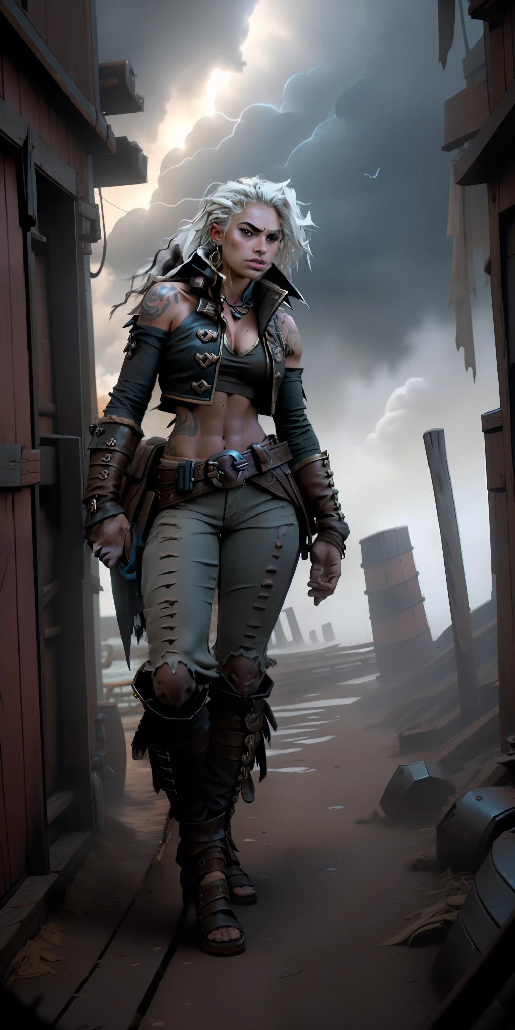 dramatic lighting, high quality, cinematic film, (attractive black girl, pirate, dirty, ragged, standing on the deck of a pirate ship docked in the caribbean port), model body, dark and gloomy atmosphere, curvy body, perfect face, looking at viewer, (detailed skin), [freckles], ((dirty)), (muddy), (storm clouds: 0.7), (storm weather: 0.5), dull, natural lighting, ( direct light:0.4), 8mm film grain, shot on Sony a9 II, 24mm lens, f/2.8 aperture, deep focus, (RAW), 8k, (still from The Lost Pirate Kingdom)