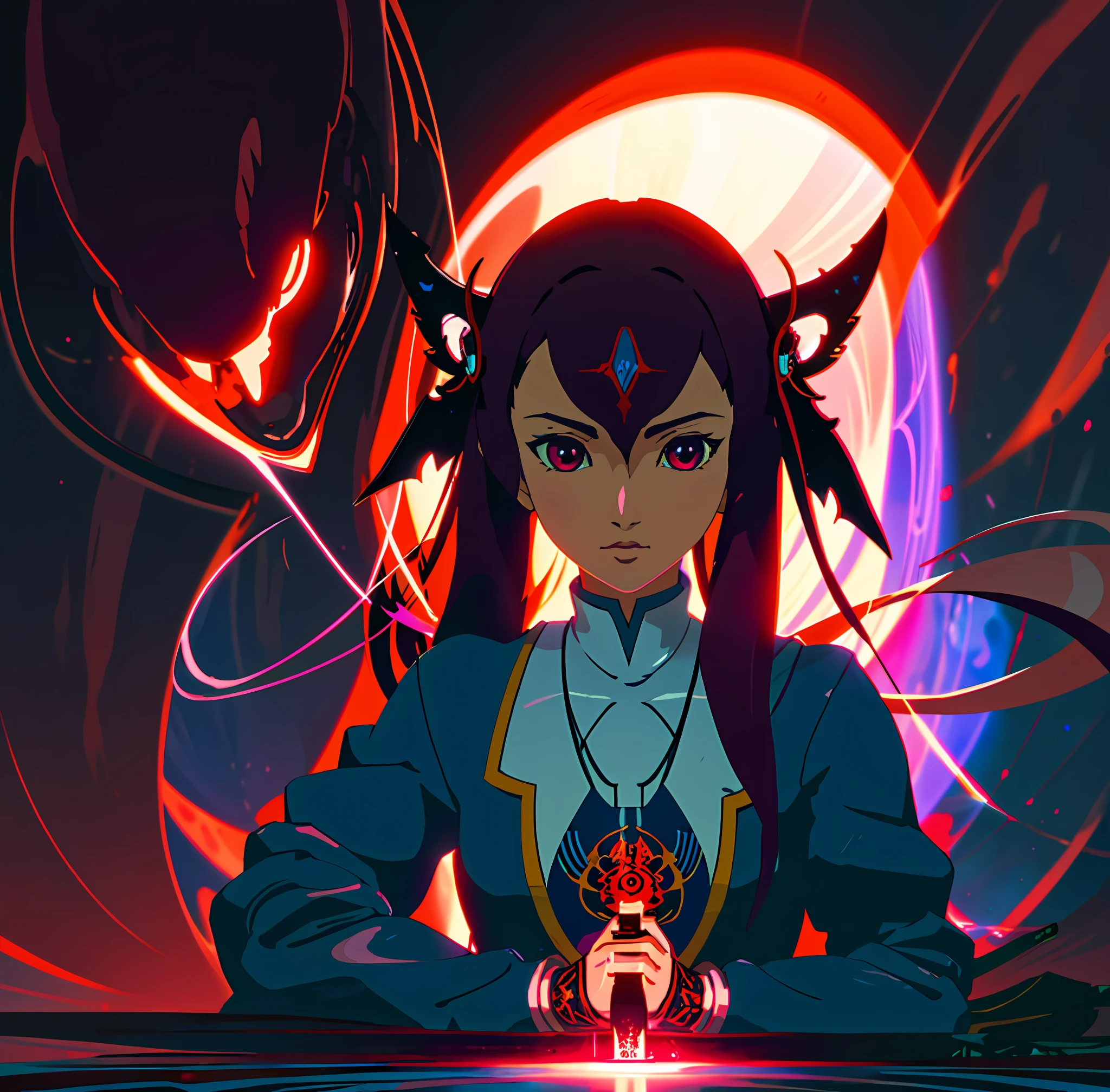 a closeup of a person with a red light in the background, dreamy psychedelic anime, digital anime illustration, ufotable art style, shigenori soejima illustration, fanart demon slayer rui, official art, inspired by Yuumei, ( ( dan mumford ) ), kilian eng vibrant colors, by Android Jones