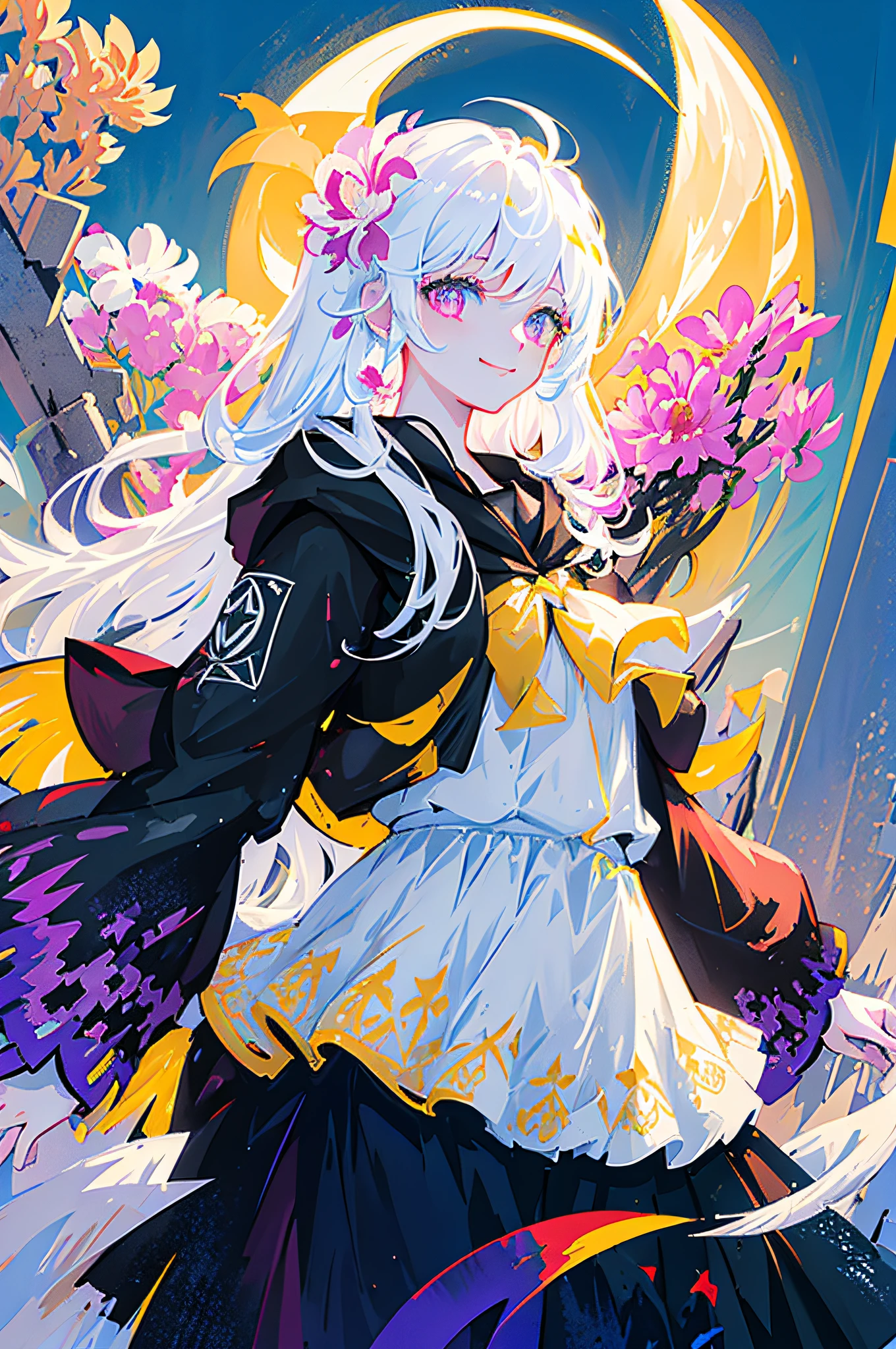 masterpiece, best quality, 1girl, (colorful),(finely detailed beautiful eyes and detailed face),cinematic lighting,bust shot,extremely detailed CG unity 8k wallpaper,white hair,solo,smile,intricate skirt,((flying petal)),(Flowery meadow) sky, cloudy_sky, building, moonlight, moon, night, (dark theme:1.3), light, fantasy,