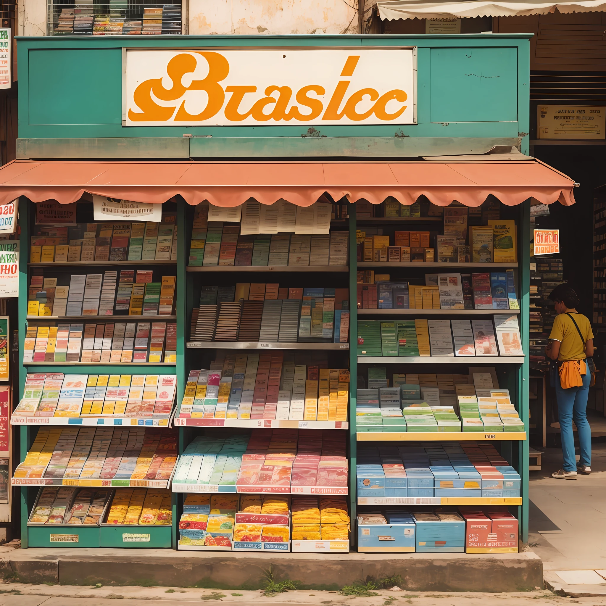 photo of a newsstand in Brazil in 1980 old style in high quality --auto --s2
