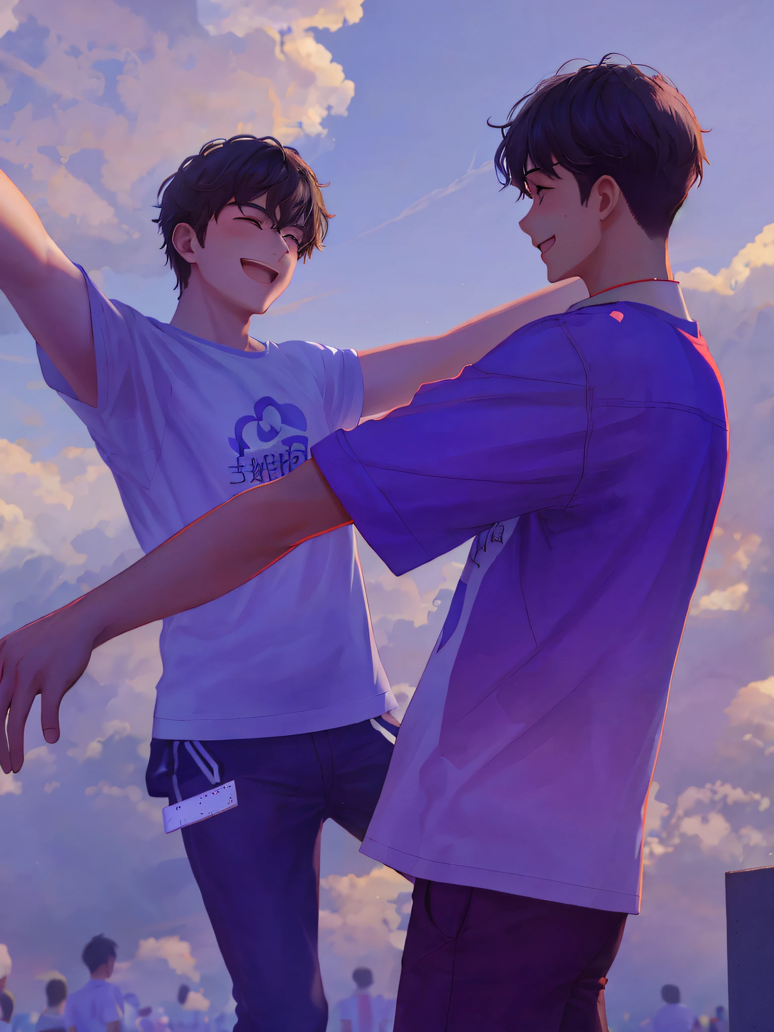 Two male students, happy smiling, student heads, cheering, wearing white T-shirts, clouds and distant schools, reached out and hugged