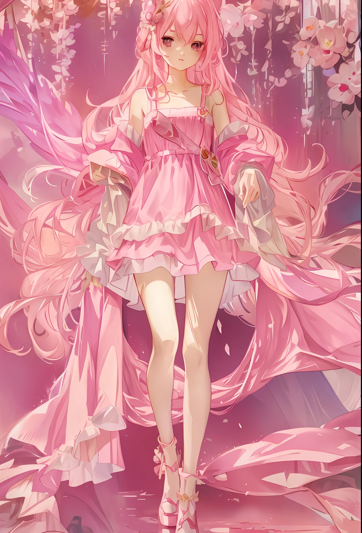 Anime girl in dress, cute royal sister, medium chest, flowing magic robe and pink robe, pink long hair and pink dress, lolita shoes, fine, clean, detailed, beautiful anime artwork, vivid, realistic, intoxicating CG art, digital art, art on guweiz and pixiv, fantasy fantasy anime, the picture protagonist is a cute anime royal sister.