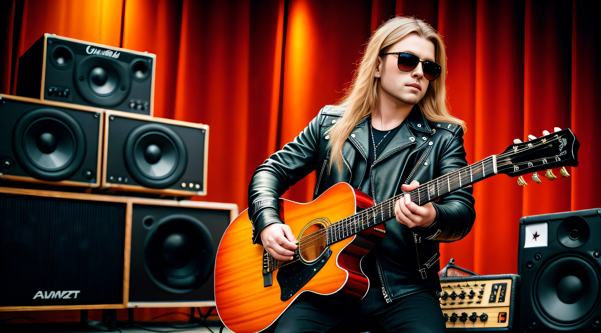 Russian child boy, in leather jacket and black clothing, and sunglasses, with long blonde hair, a closeup ,of a guitar sitting in front of a wall of amplifiers, several guitars, huge 7 0 s hi fi system, racks, rack, high quality image, profile picture, spare, audio equipment, album, giant speakers, the backstage is empty, power, leaked, showcase, guitars, lots of speakers, album photo, luxury equipment, medium closeup