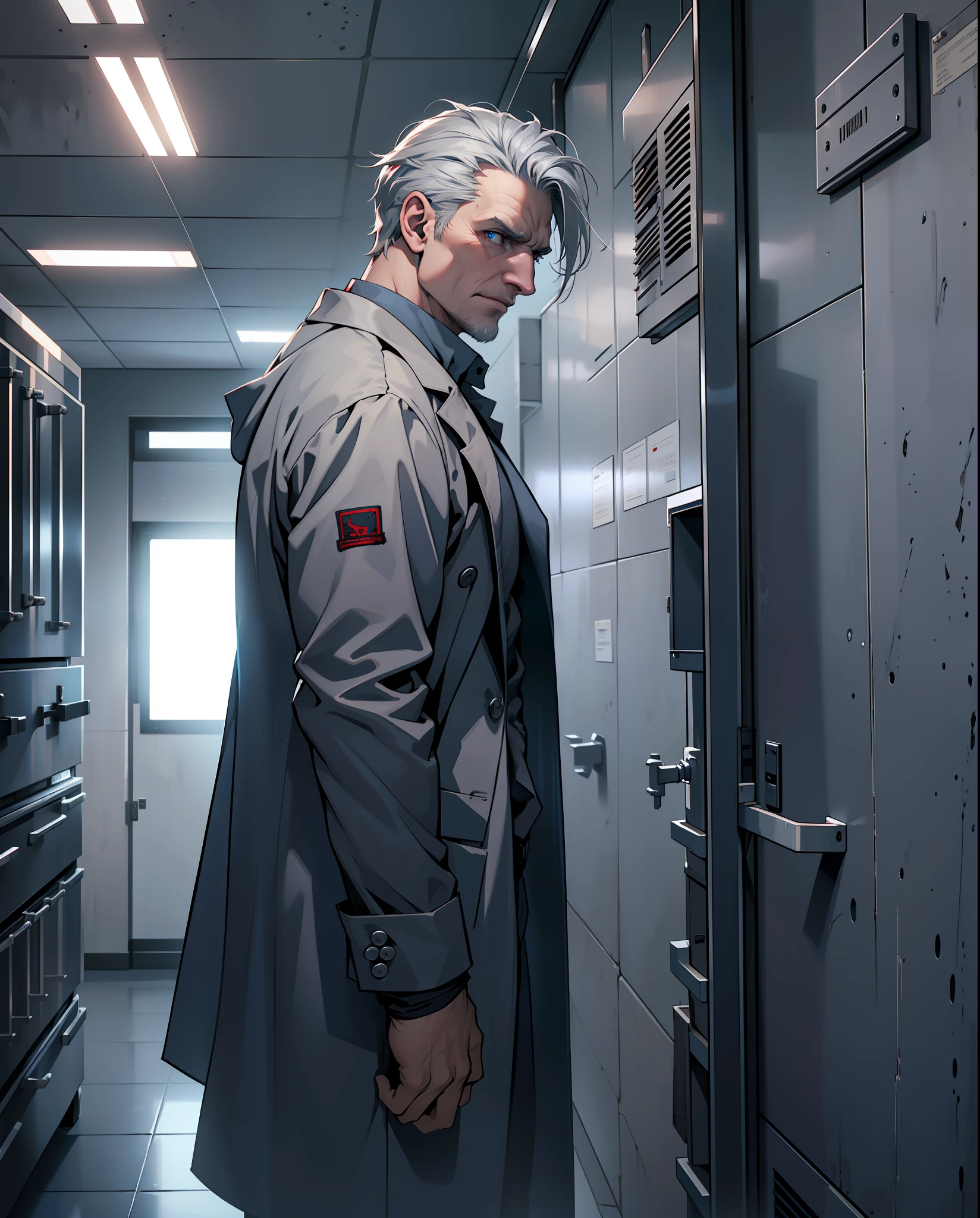 (extremely detailed 8k wallpaper), dark theme, Vampire the Masquerade, modern horror, 2020s, middle-aged man, wearing white private morgue lab coat, sharp focus, (subsurface scattering:1.1), award-winning photograph, centered face, (Liam Neeson's face), (((a Hecata vampire)))), seen from the side, profile shot, full body shot:1.1, gray hair, supernatural blue eyes, serious expression, inside the morgue room, next to the autopsy table, dramatic lighting