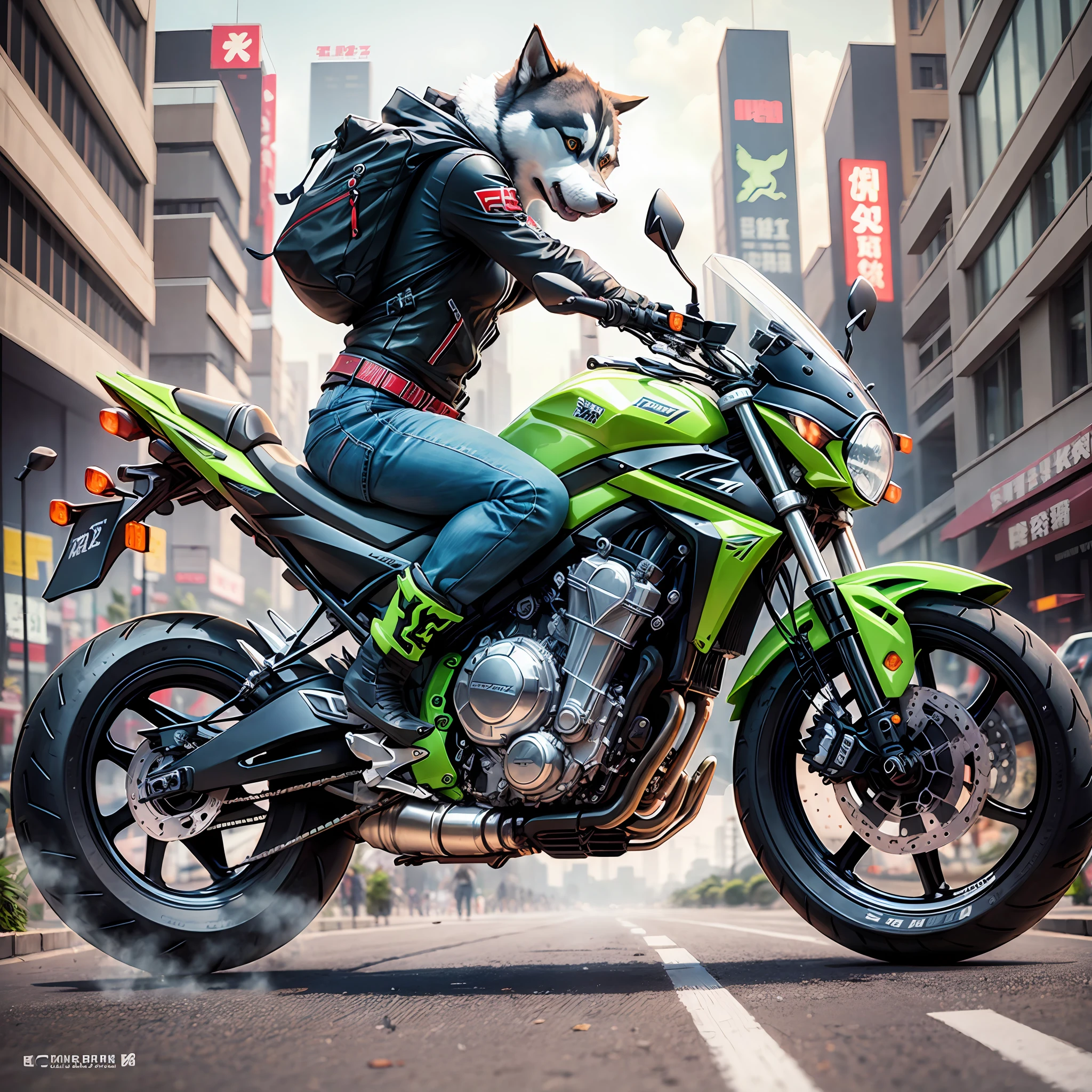 A husky, riding a Kawasaki Z650 motorcycle, walks through the streets of Chengdu --auto --s2