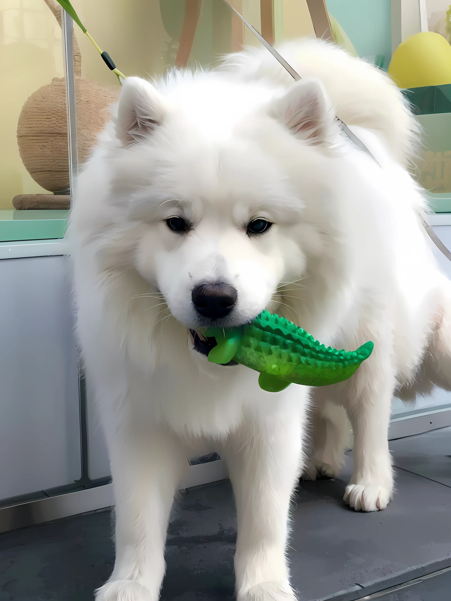there is a white dog holding a green toy in its mouth, crocodile loki, samoyed dog, dog, cute toy, fluffy green belly, with a white muzzle, canine, a dog, [ realistic photo ]!!, spike, chewing, pet animal, cute dog, japanese dog, stuffed toy, toys, playing, koda kazuma, shikamimi