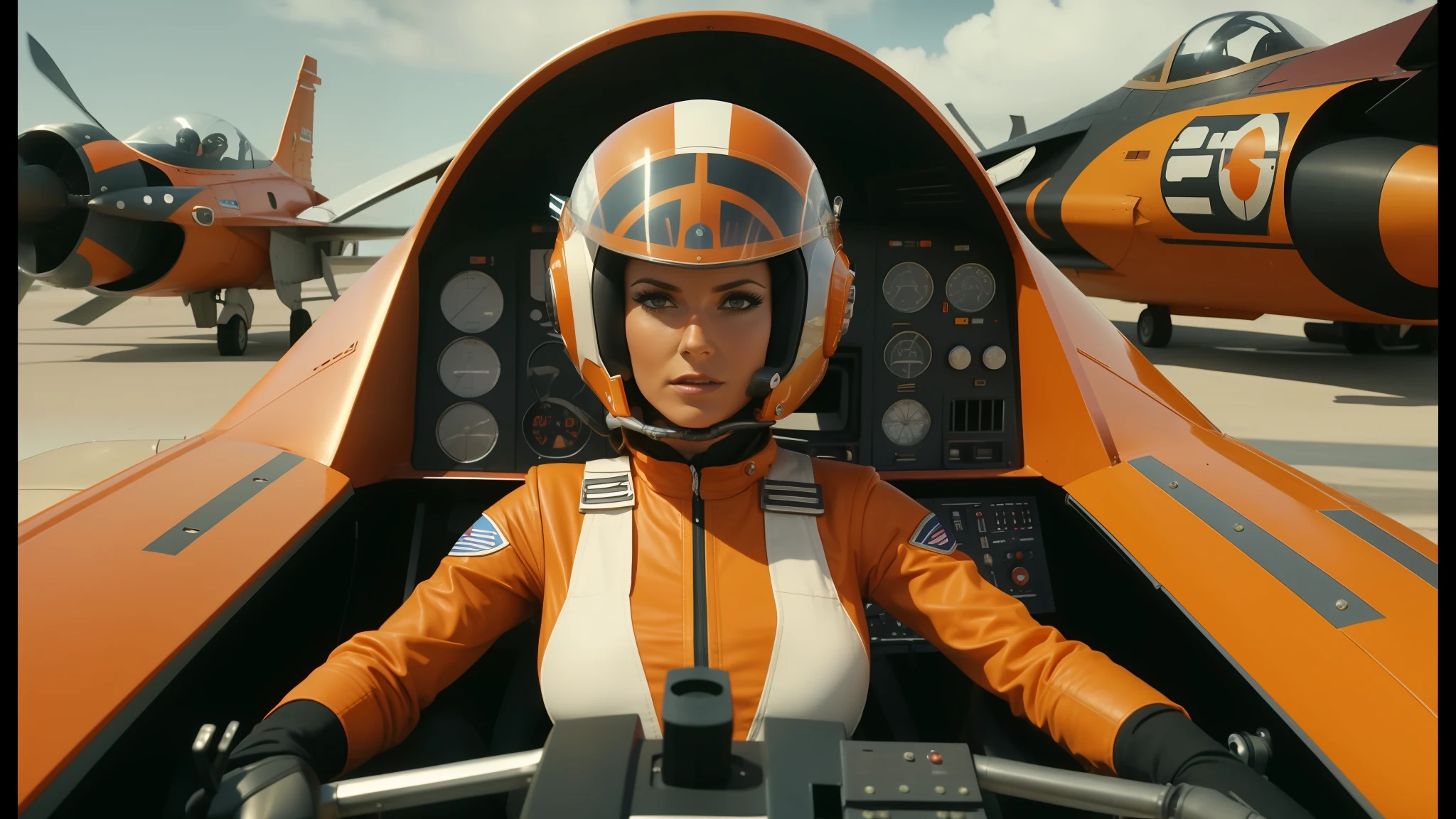 arafed woman in a helmet and orange jacket sitting in a cockpit, cinematic goddess body shot, wayne barlow, flying souls, 70's jetfighter pilot girl, luis ricardo falero, video compression, goddamn! plus, 5 0 0 px models, 6 0's, starwars, thunderbird 2, still from anime, cougar