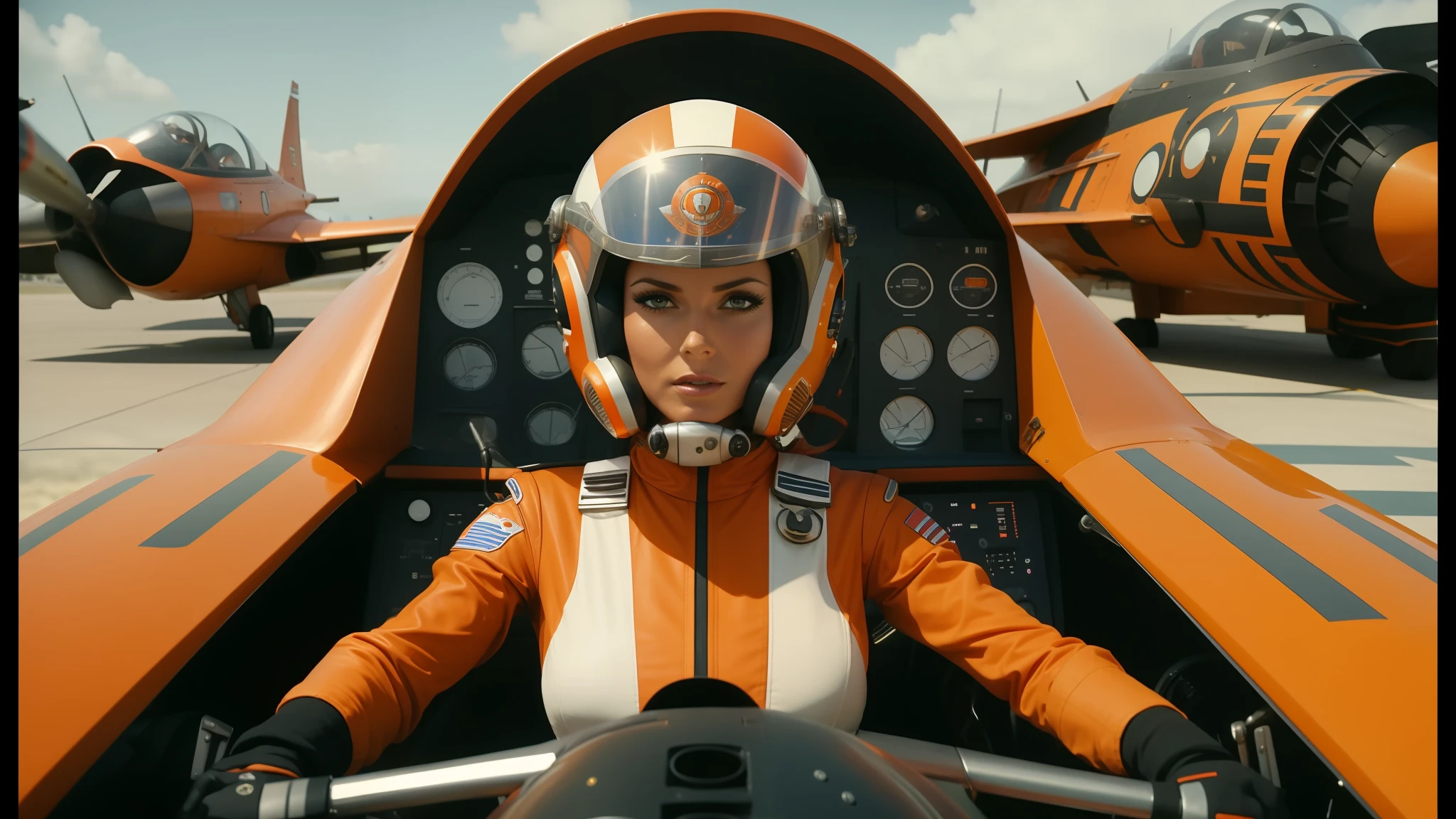 arafed woman in a helmet and orange jacket sitting in a cockpit, cinematic goddess body shot, wayne barlow, flying souls, 70's jetfighter pilot girl, luis ricardo falero, video compression, goddamn! plus, 5 0 0 px models, 6 0's, starwars, thunderbird 2, still from anime, cougar