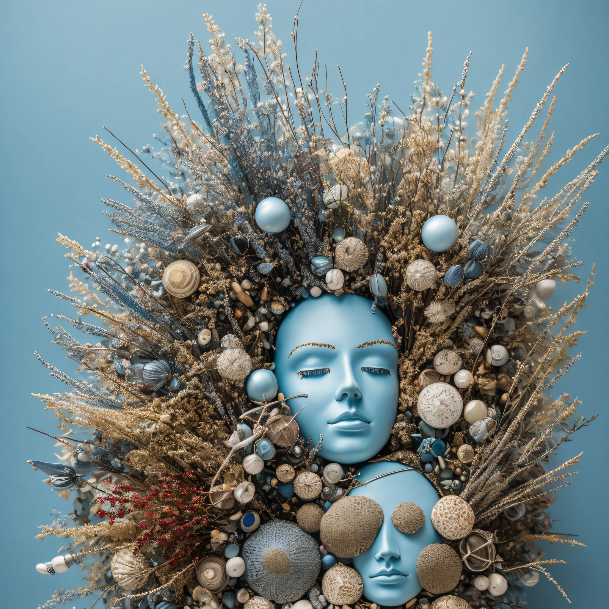 Art object, light blue and gold, Michael Creese, Steelpunk, Michael Hussar, white background, best quality, high quality, editorial photo, absurdists, masterpiece, intricate detail, film grain, intense red, fabrics, plush fabric, red face, barnacles, shells, barnacle sculptures, blue background, bodies, irregular, miscellaneous bodies covered with barnacles and fabric, single object, art object, one thing --auto --s2
