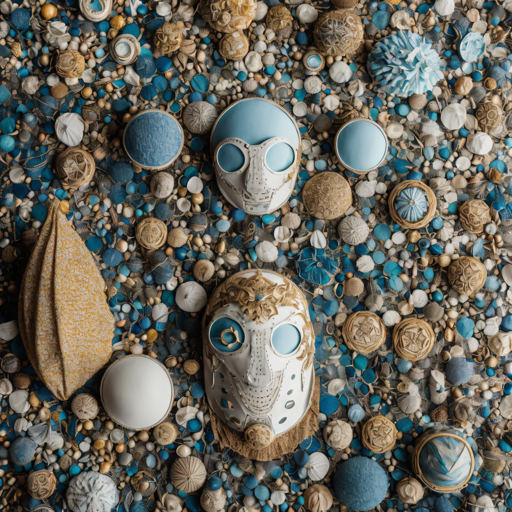 Art object, light blue and gold, Michael Creese, Steelpunk, Michael Hussar, white background, best quality, high quality, editorial photo, absurdists, masterpiece, intricate detail, film grain, intense red, fabrics, plush fabric, red face, barnacles, shells, barnacle sculptures, blue background, bodies, irregular, miscellaneous bodies covered with barnacles and fabric, single object, art object,  one thing --auto --s2
