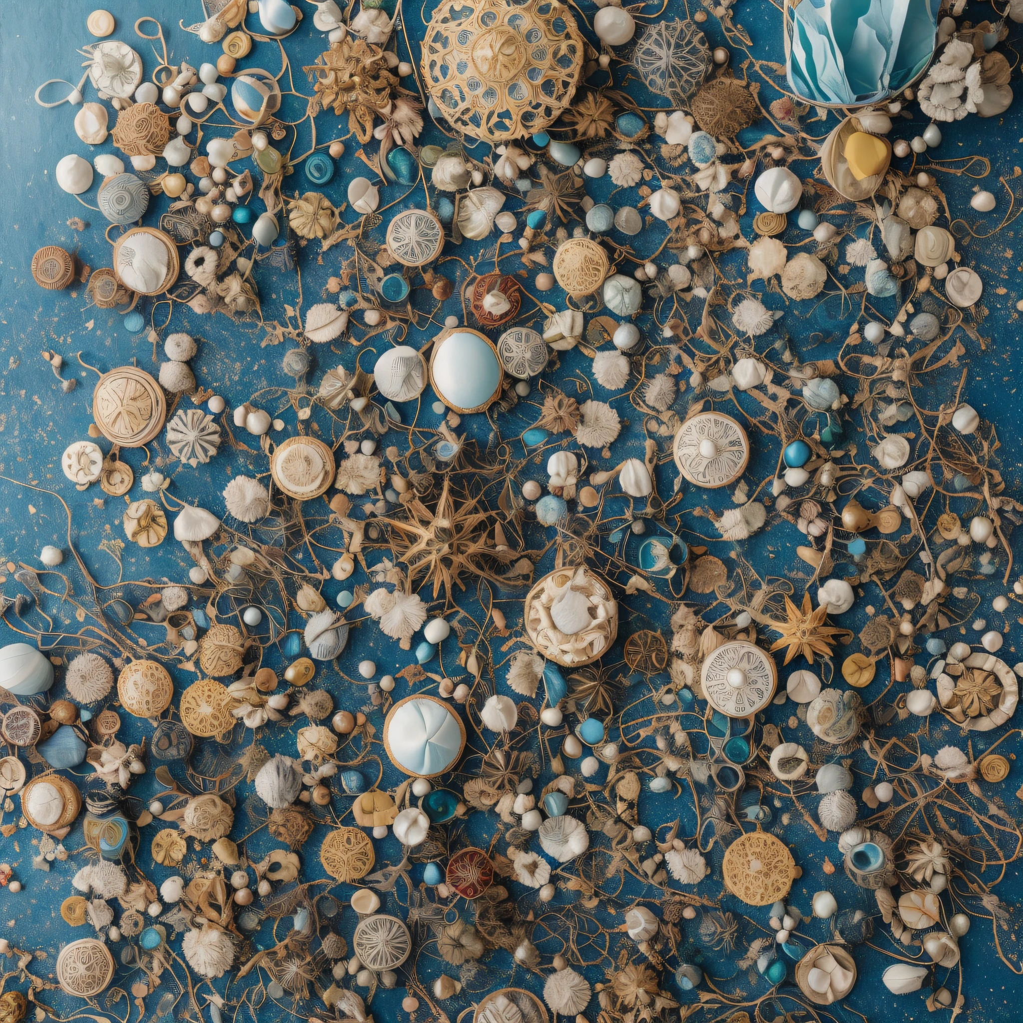 Art object, light blue and gold, Michael Creese, Steelpunk, Michael Hussar, white background, best quality, high quality, editorial photo, absurdists, masterpiece, intricate detail, film grain, intense red, fabrics, plush fabric, red face, barnacles, shells, barnacle sculptures, blue background, bodies, irregular, miscellaneous bodies covered with barnacles and fabric, single object, art object, one thing --auto --s2