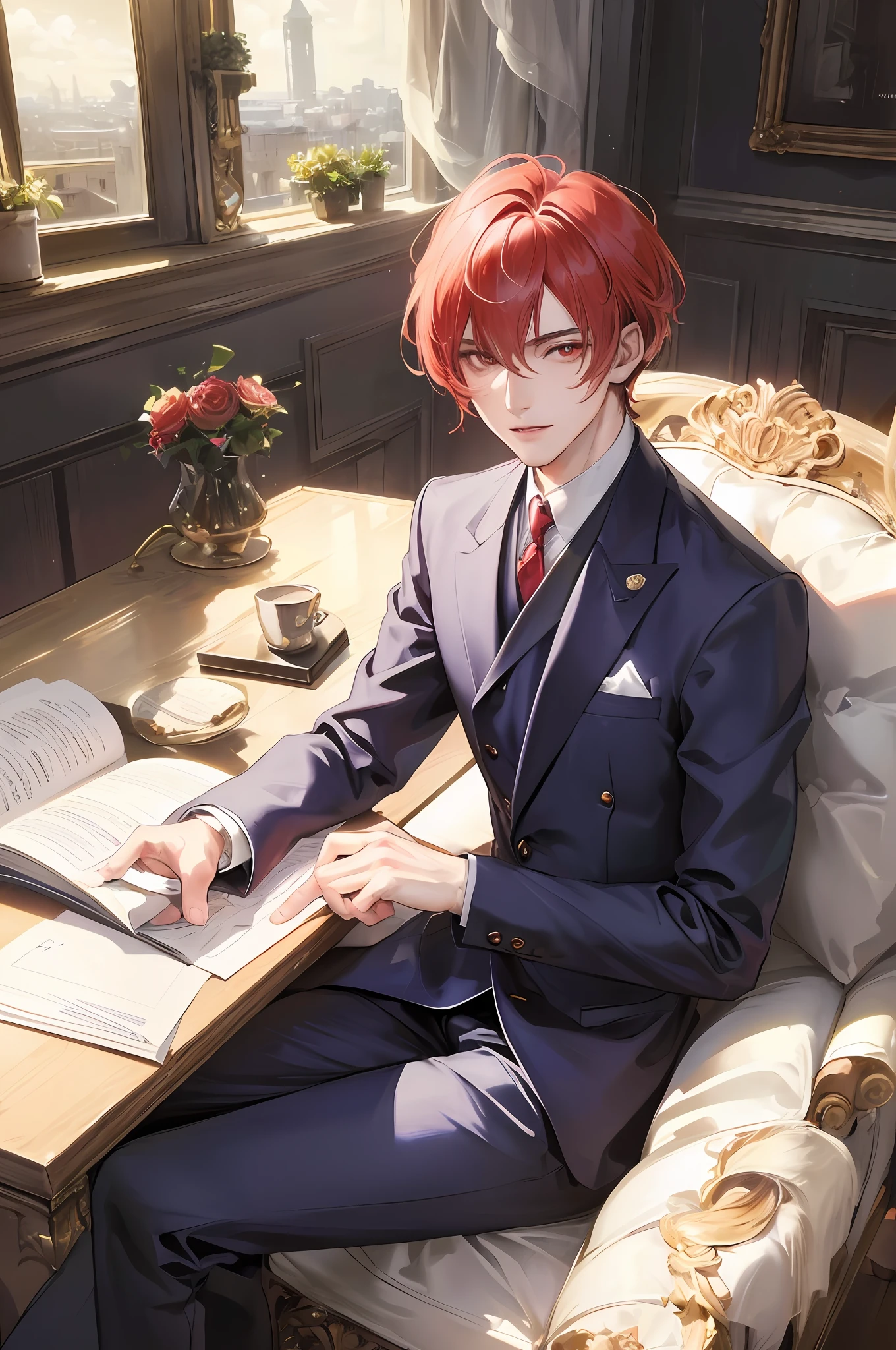 Official art, masterpiece, sharp focus, (beautiful gorgeous male:1.3), (beautiful male:1.3), delicate and beautiful hair and eyes and face, realistic, very detailed, beautiful man, sitting at the desk of the aristocratic office, (side lighting:1.2), dust effect, thin, ((looking forward, with both eyes open)), short straight hair, building, (view view:1.7), calm hair, detailed platinum red hair, shining red eyes, gorgeous western suit, serious expression, Sitting cross-legged, smiling brightly