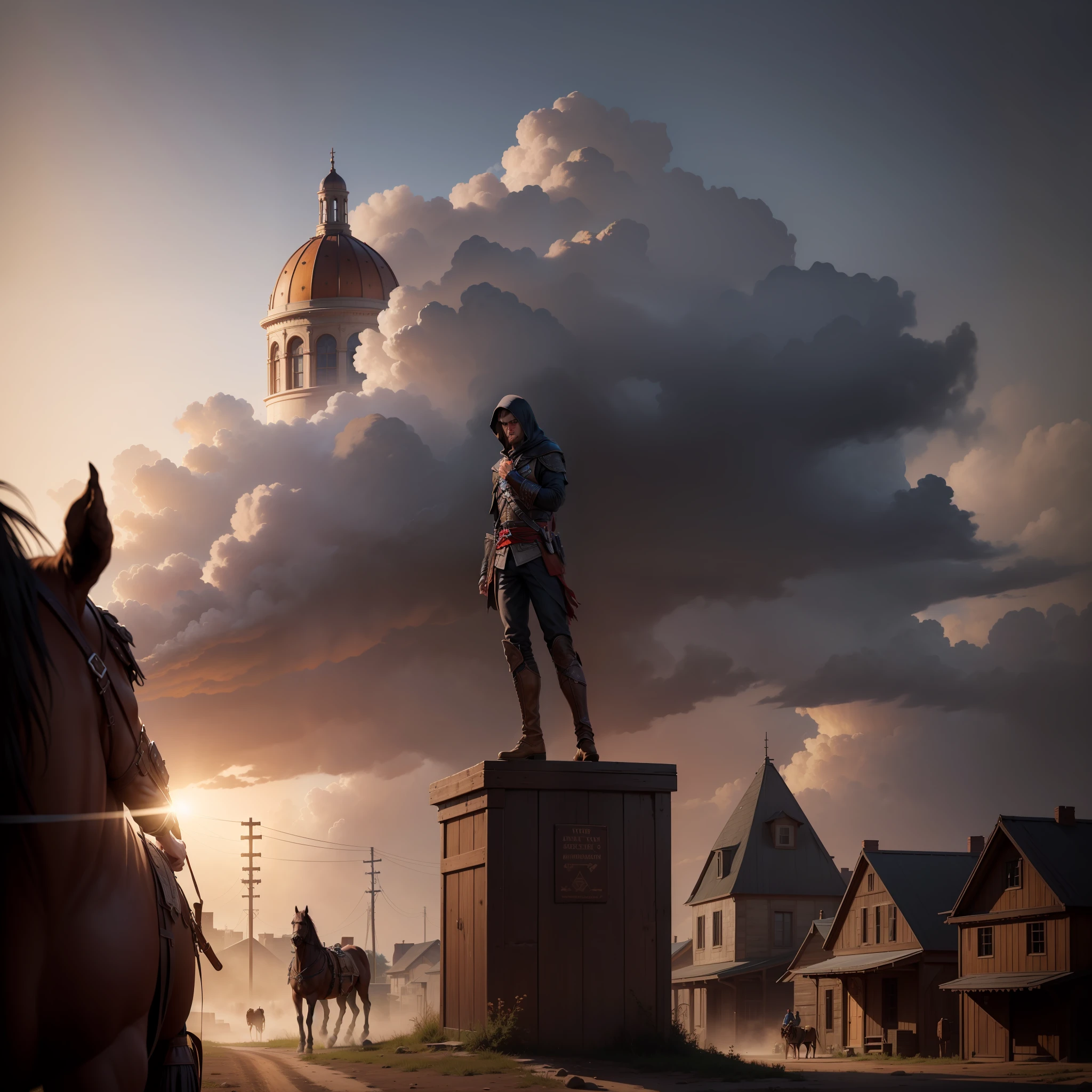 (realistic, highres, ultra detailed), 1 male, young face, no beard, mature, manly, tall muscular, handsome, finely detailed eyes, intricate details, portrait, looking at viewer, solo, (full body:1), detailed background, assassins creed, master assassin, black rugged leather assassin clothes, hood, capelet, leather pouches, rebel, dynamic pose, fighting, detailed background, Texas, house, town, sparks, sewers in background, dirt, roof, wood box, horse, cowboys, golden land, --auto --s2
