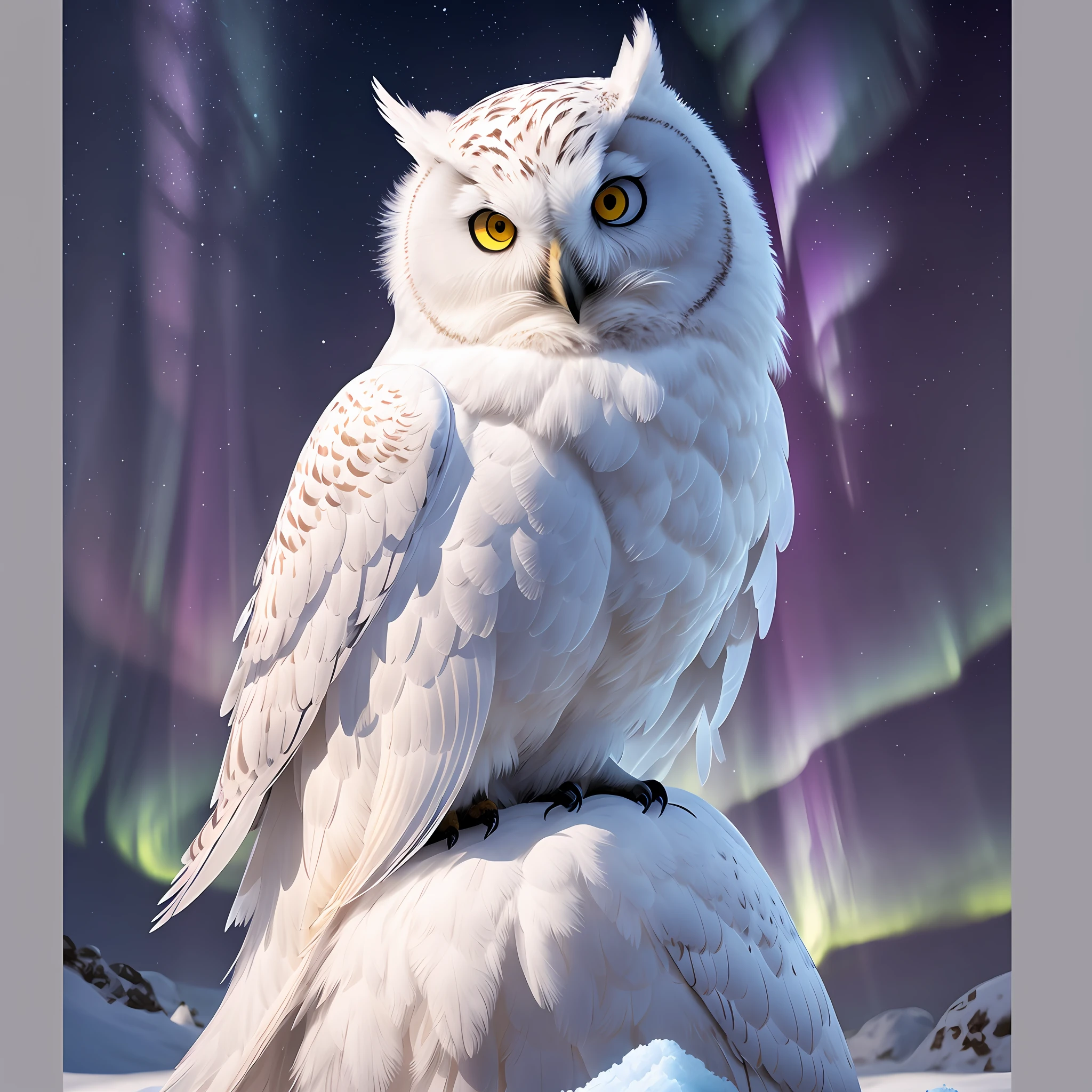 snowy owl sitting on a rock on top of a mountain with aurora lights in the background, bright white owl, radiant owl, beautiful digital art, bright owl, inspired by Bob Eggleton, the wisest of all owls, hyperrealistic owl, epic 3d illustrations, bright white eyes, behance fantasy art, portrait photo, digital art animal,  icy white eyes