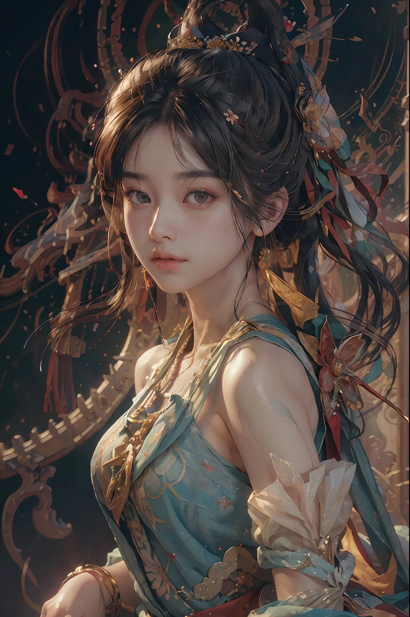 (RAW photo, best quality), (realistic, photo-realistic:1.3),best quality,highly detailed,masterpiece,ultra-detailed,illustration,1girl,upper_body,dynamic angle,world masterpiece theater,messy_long_hair,best quality,extremely detailed CG unity 8k wallpaper,ink,Amazing,cinematic lighting,lens_flare, dunhuang_style
