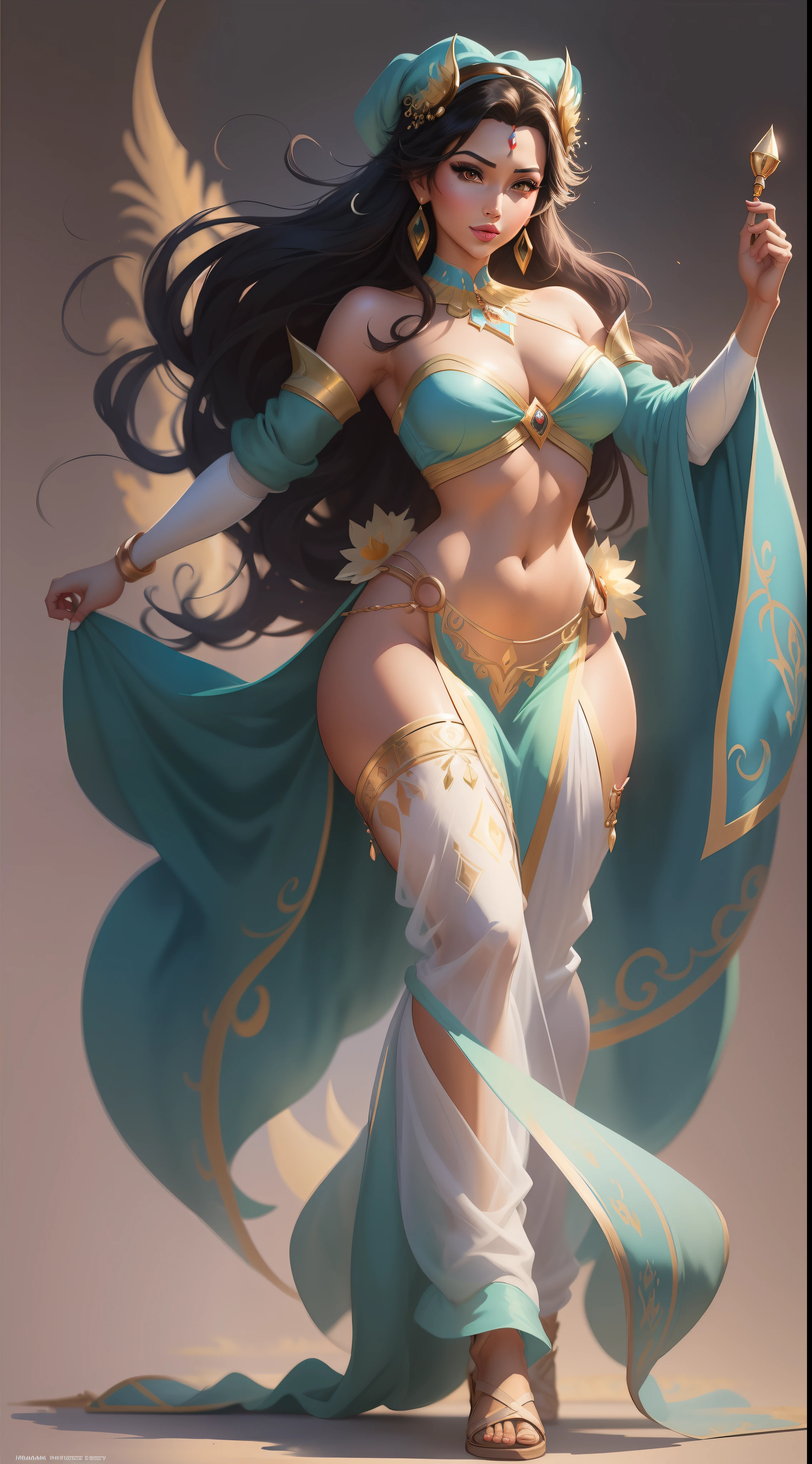 a masterpiece wearing alternate disney Princess Jasmine costume, (((modest and unrevealing))) , Disney style, full body, freedom, soul, digital illustration, comic style, animecore , perfect anatomy, centered, approaching perfection, dynamic, highly detailed, watercolor painting, artstation, concept art, smooth, sharp focus, illustration, Artstation, unique, award winning, masterpiece