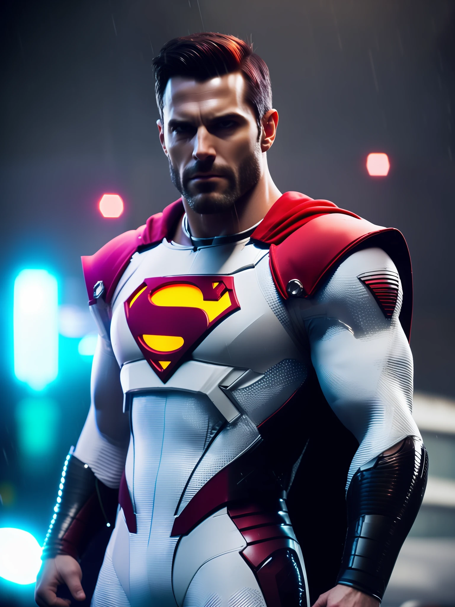 Evil Superman award-winning photo of a man, white superhero suit, square jawline, asymmetric face, white hair, white big beard, in rain, angry, red eyes, purple light, 80mm, bokeh, mass effect, close up, fking_cinema_v2, 8k, cinematic