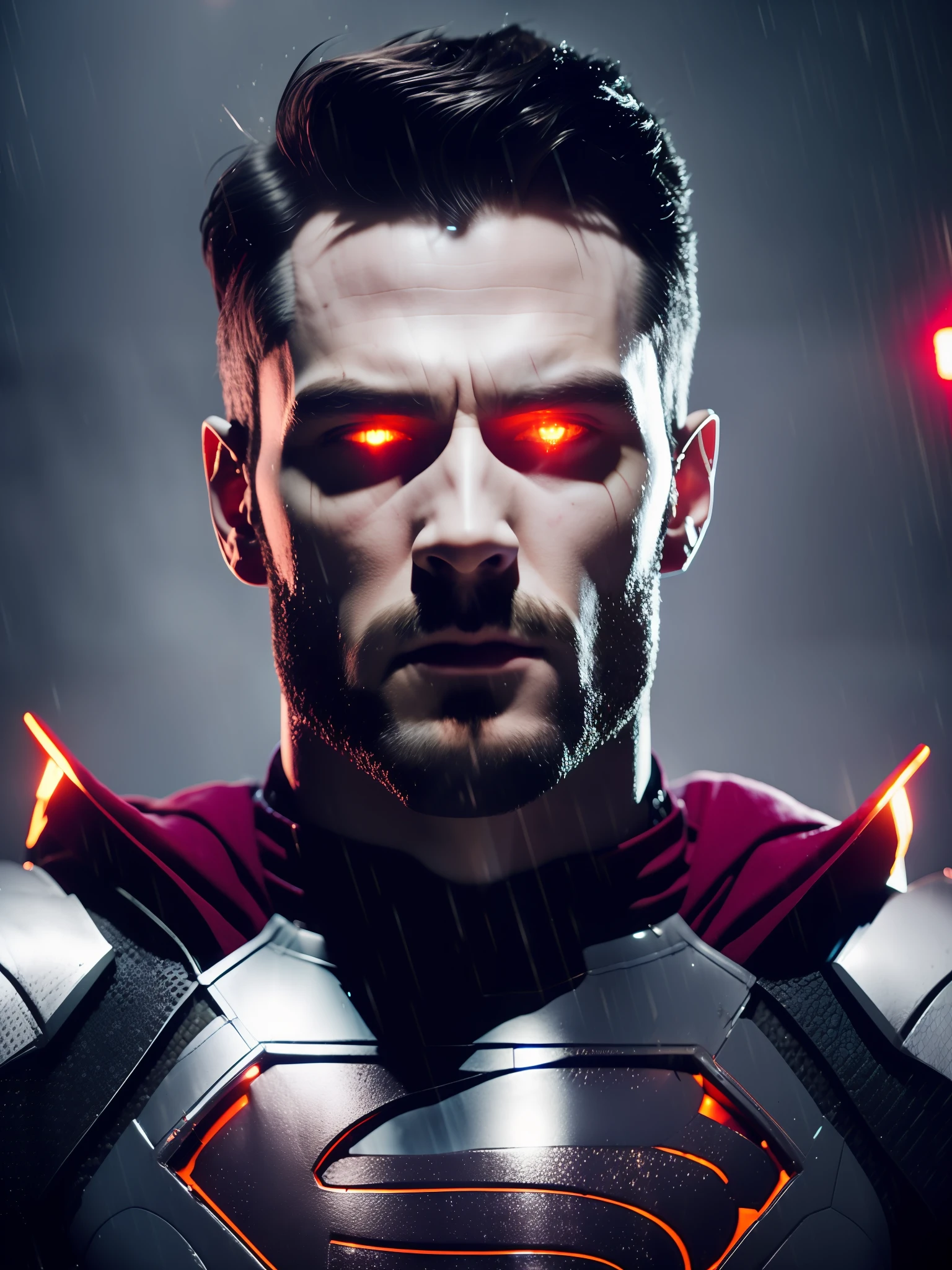 Evil Superman award-winning photo of a man, white superhero suit, square jawline, asymmetric face, white hair, white big beard, in rain, angry, red eyes, purple light, 80mm, bokeh, mass effect, close up, fking_cinema_v2, 8k, cinematic