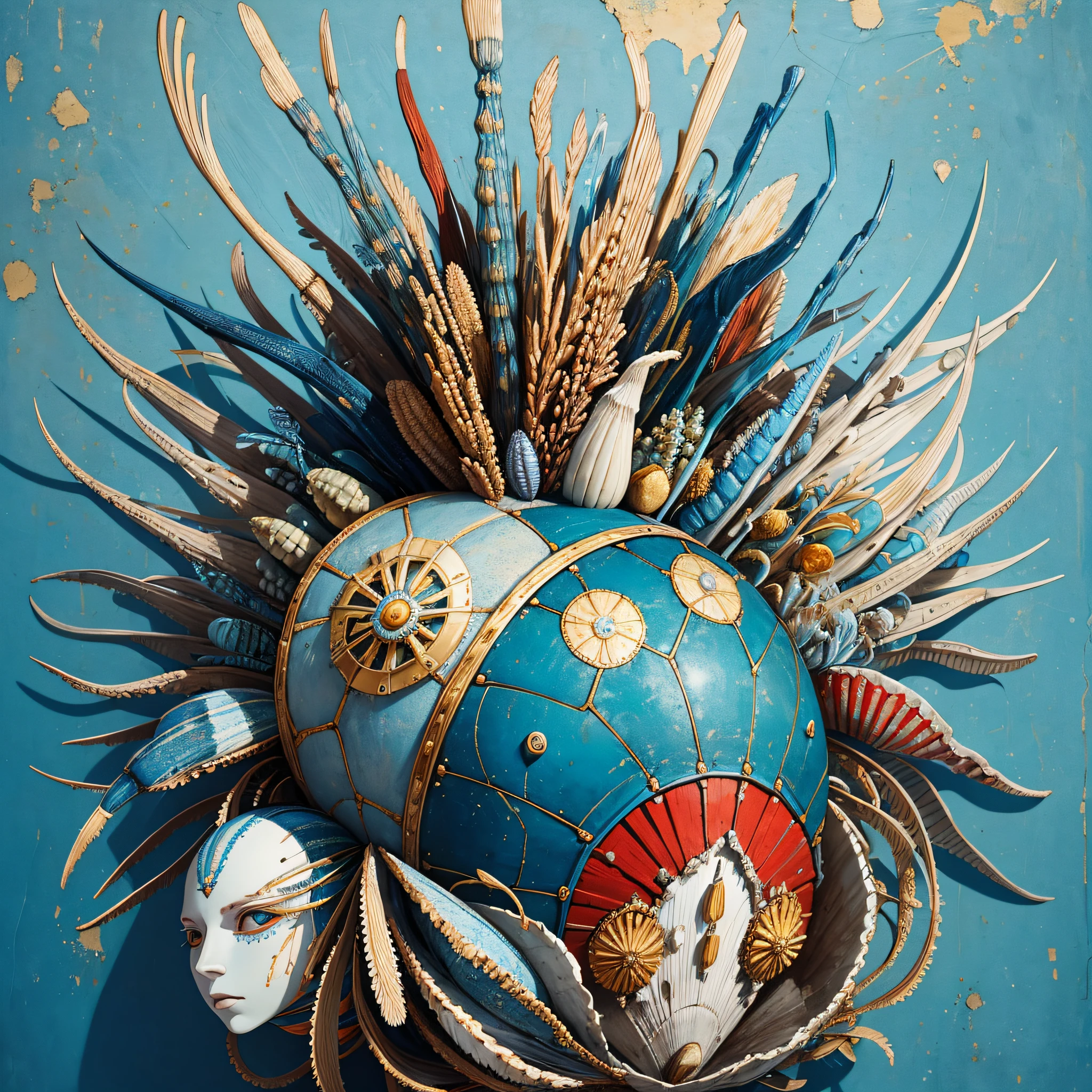 Art object, light blue and gold, Michael Creese, Steelpunk, Michael Hussar, white background, best quality, high quality, editorial photo, absurdists, masterpiece, intricate detail, film grain, intense red, fabrics, plush fabric, red face, barnacles, shells, barnacle sculptures, blue background, bodies, irregular, miscellaneous bodies covered with barnacles and fabric, single object, art object, one thing --auto --s2