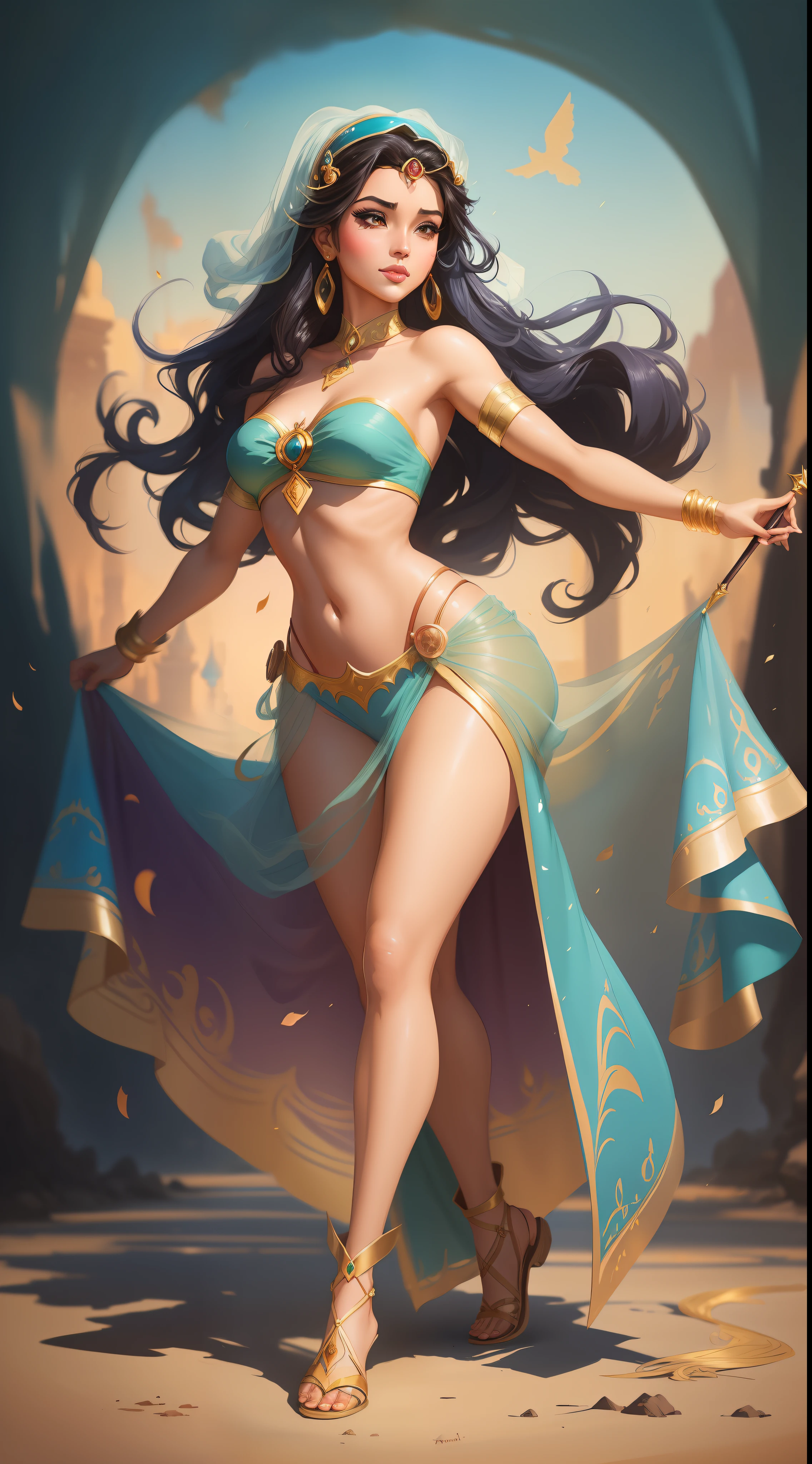 a masterpiece wearing alternate disney Princess Jasmine costume, (((modest and unrevealing))) , Disney style, full body, freedom, soul, digital illustration, comic style, animecore , perfect anatomy, centered, approaching perfection, dynamic, highly detailed, watercolor painting, artstation, concept art, smooth, sharp focus, illustration, Artstation, unique, award winning, masterpiece