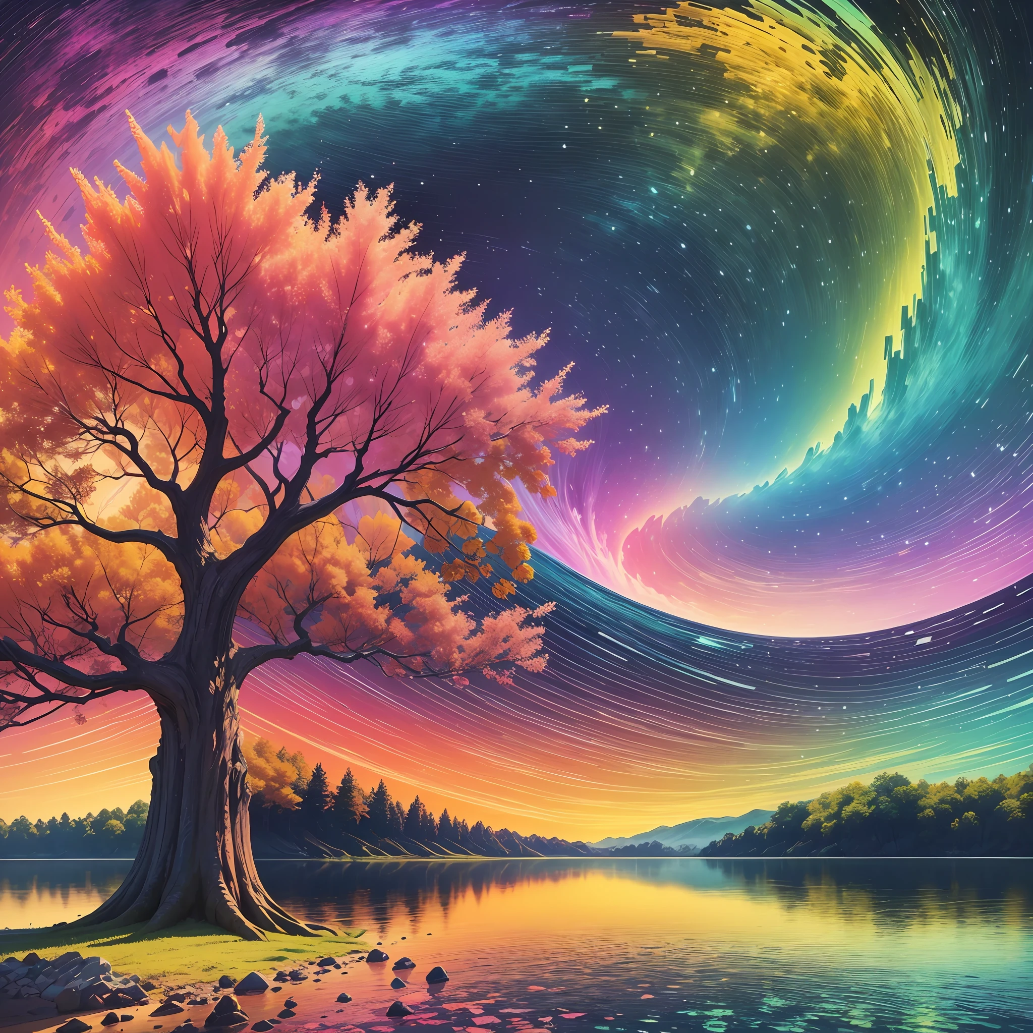 Imagine a dazzling scene before your eyes. A landscape full of vibrant colors and fascinating elements. The colors dance in harmony, creating a visual symphony for your senses. Let your imagination flow and describe this image in detail. Explore the elements present, such as the scenery, shapes, textures, and colors. Allow yourself to visualize this scene as if you were observing a unique and captivating painting. Describe this image with words that can convey its beauty and charm. The more detail you provide, the richer and more vivid the generated image will be --auto --s2