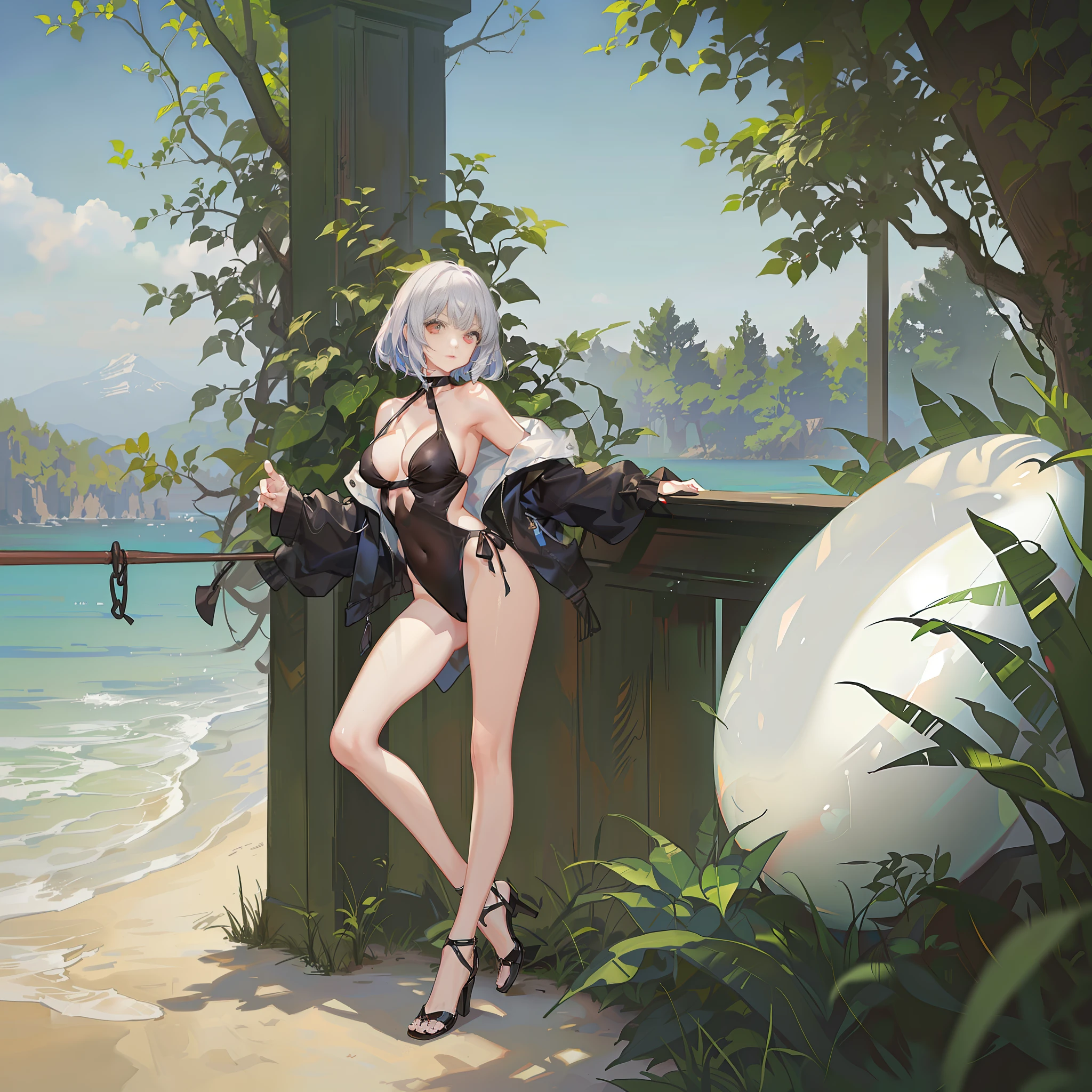 age girl with slender legs and swimsuit