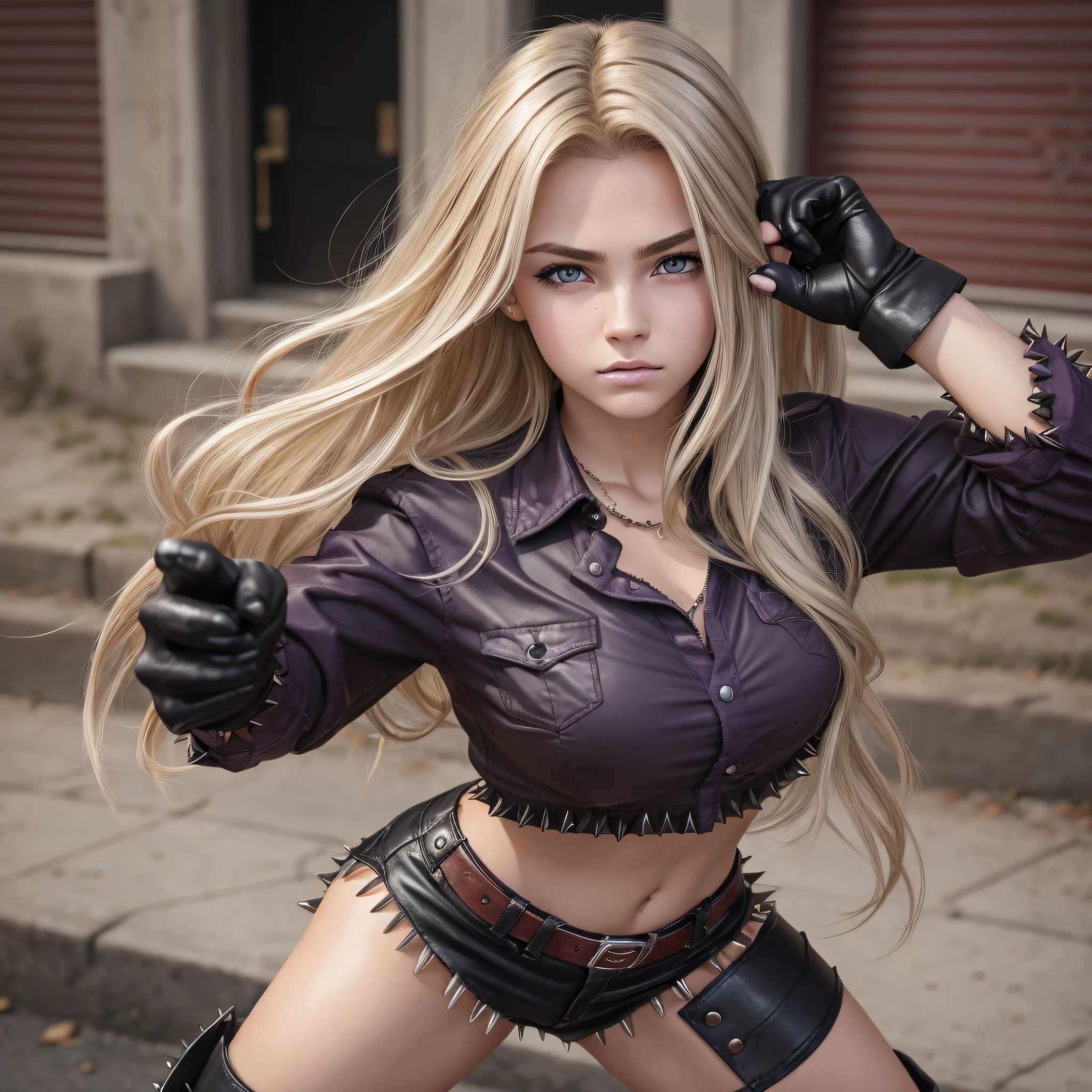 Teen, female, dark blonde hair, extremely detailed, super realistic, masterpiece, 8k, long hair, short hair, spiky hair, black pupils, dark red eyes, lock fully covering one of the eyes, purple button-down shirt, old shirt, fully visible arms, black shorts, dirty boots, angry, fighting pose, purple gloves, street girl, lock of hair covering eye,  dark blonde hair --auto --s2