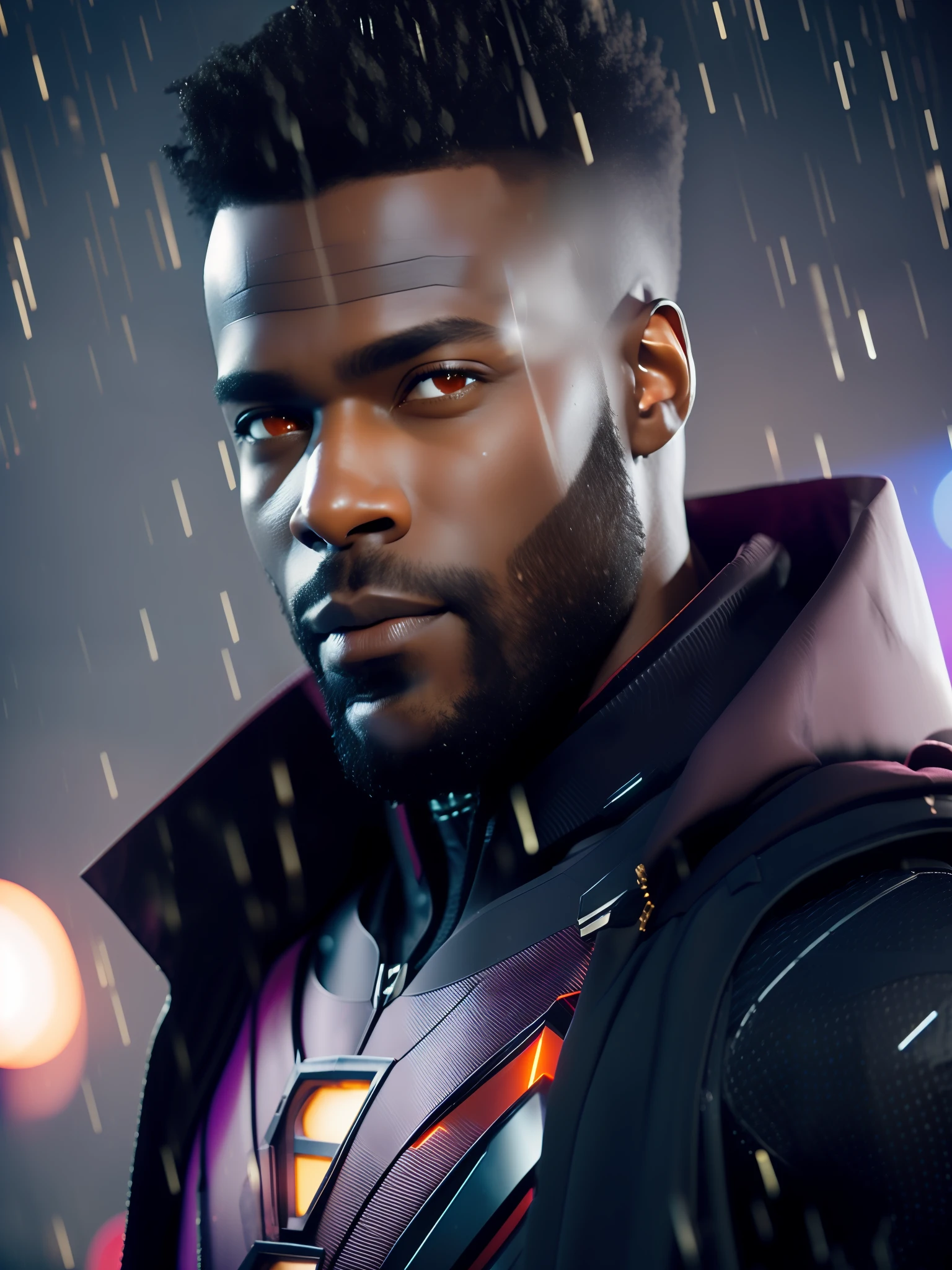 Superman award-winning photo of a man, black superhero suit, black cape, square jawline, asymmetric face, hair, big beard, in rain, smiling, red eyes, purple light, 80mm, bokeh, mass effect, close up, fking_cinema_v2, 8k, cinematic