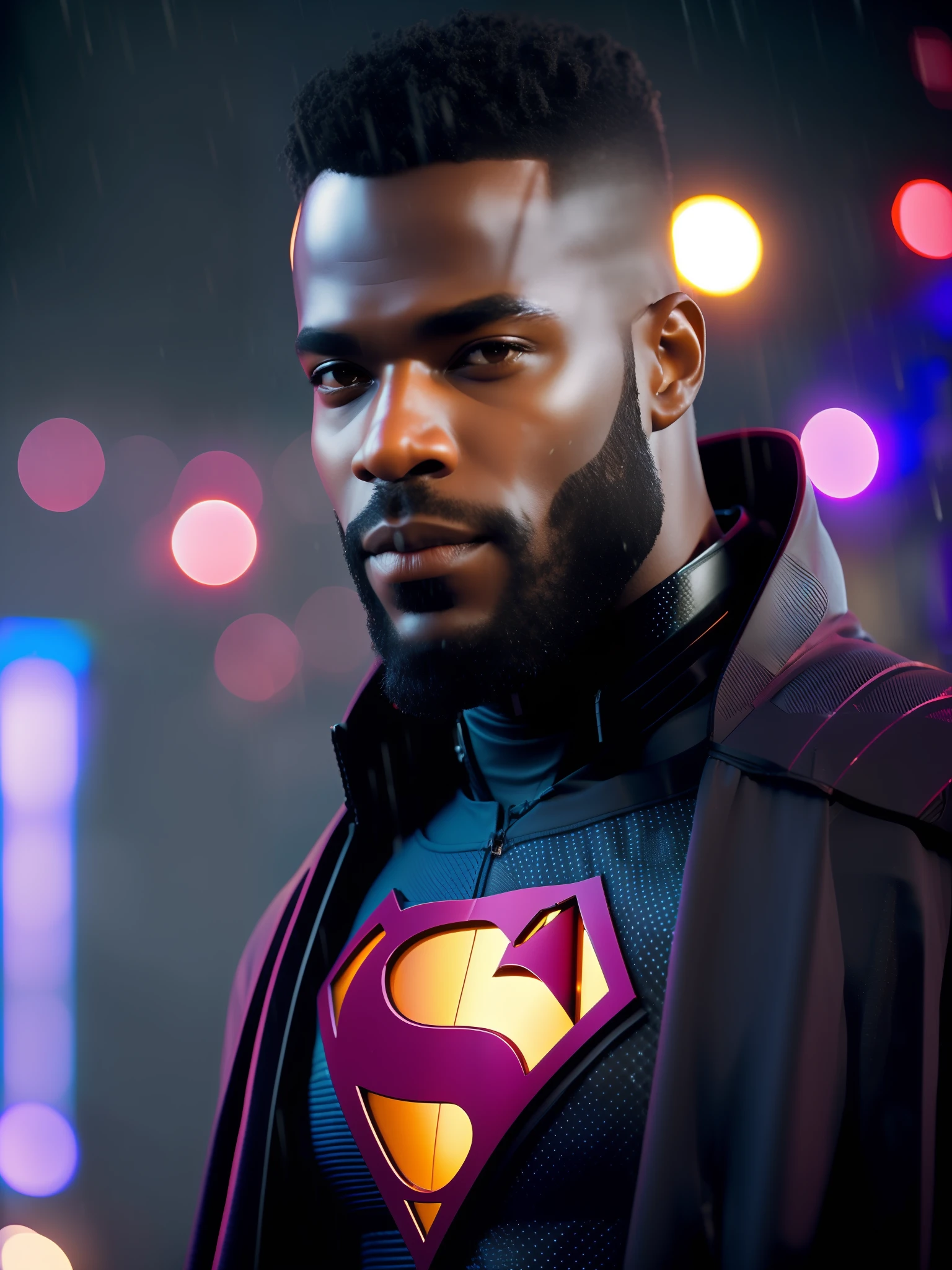 Superman award-winning photo of a man, black superhero suit, black cape, square jawline, asymmetric face, hair, big beard, in rain, smiling, red eyes, purple light, 80mm, bokeh, mass effect, close up, fking_cinema_v2, 8k, cinematic