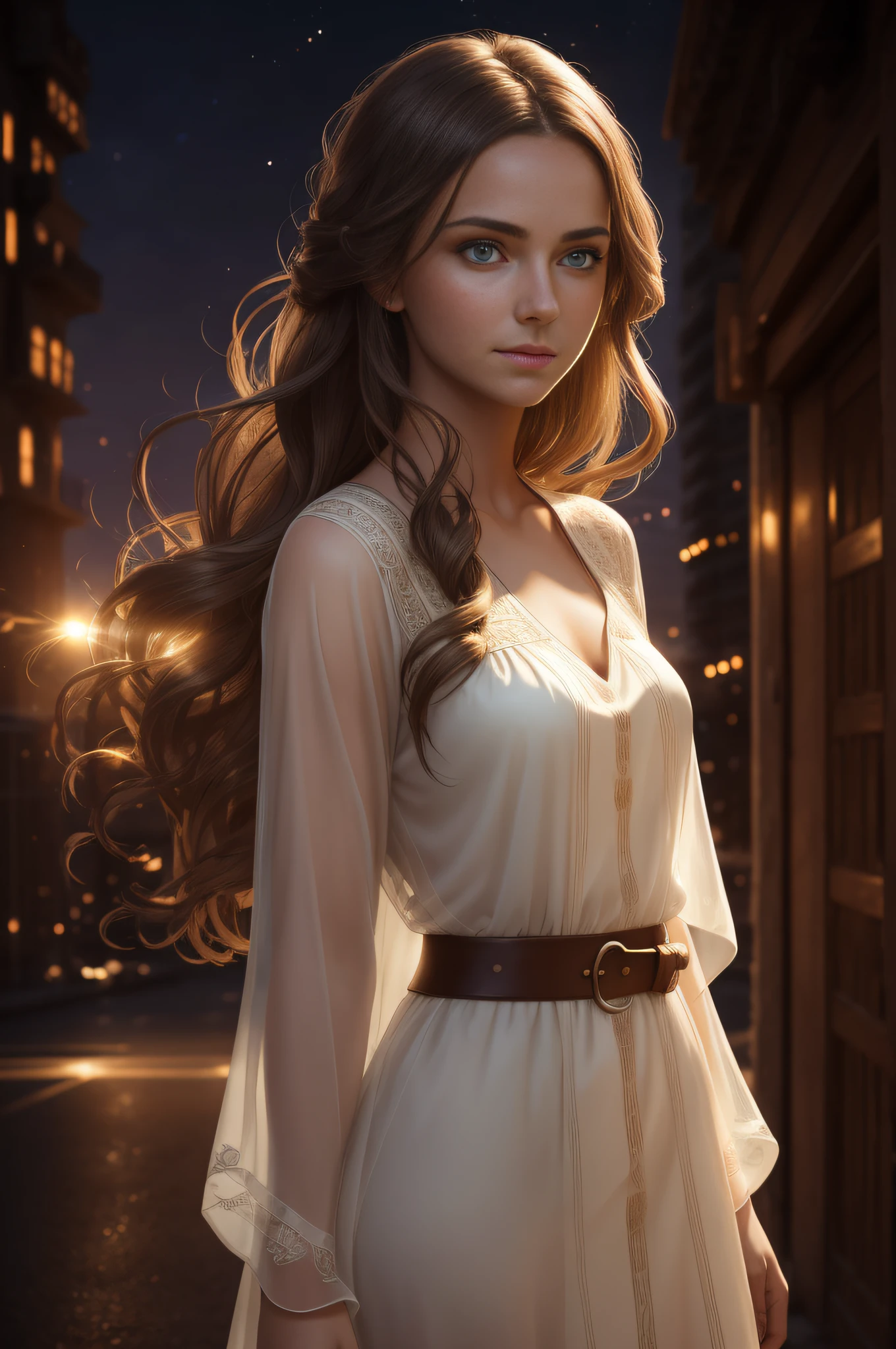 portrait shot, beautiful young woman in transparent western tunic dress, eyes visible through hair, correct eye position, natural skin, backlight, cinematic light, rim light, soft light, hips, night time, city side background, detailed colour correction background, complex, high detail, octane rendering, HD, 8k, by William Mortensen