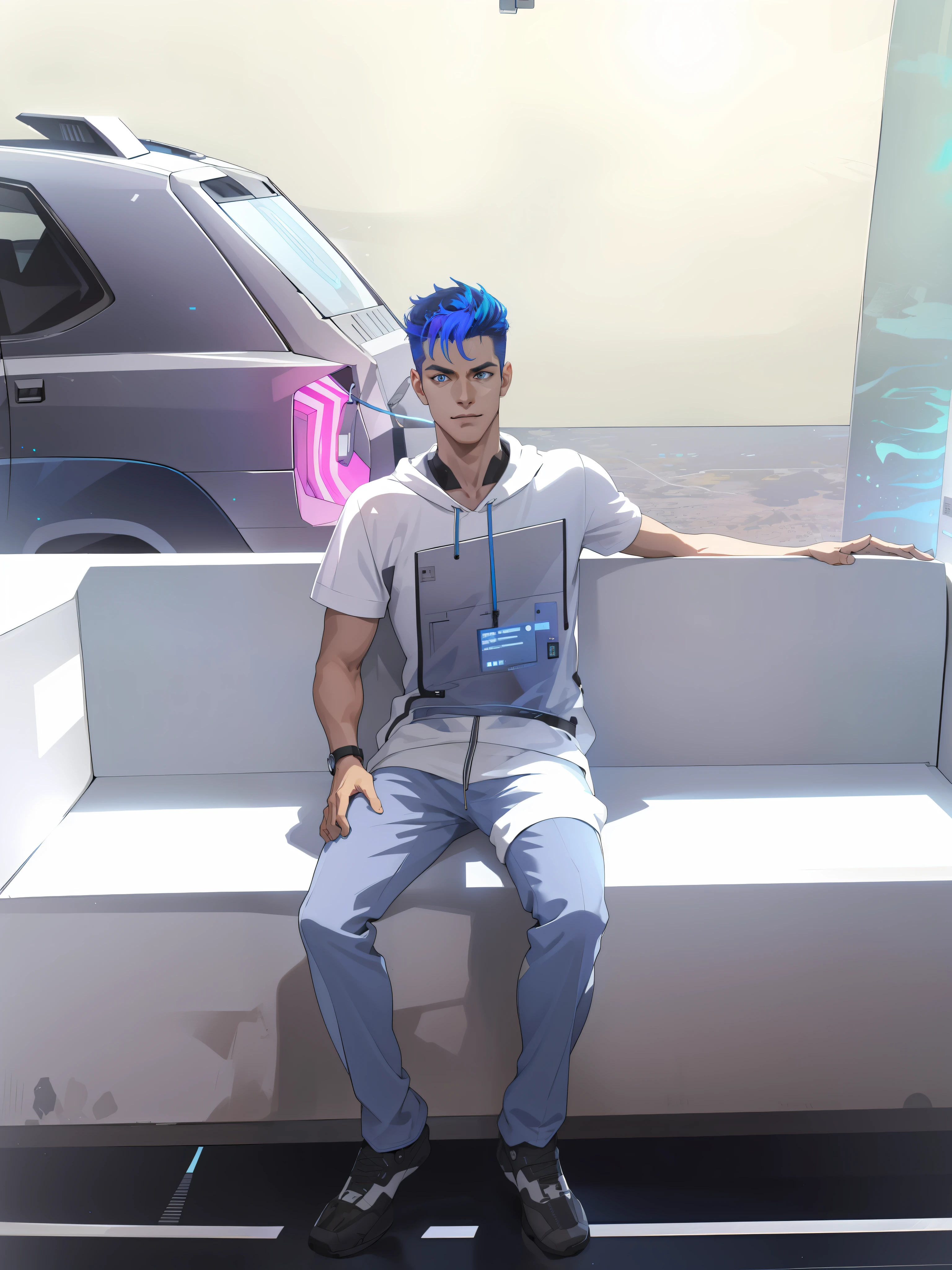 (absurdres, highres, ultra detailed), 1 male, mature, manly, tall muscular, handsome, finely detailed eyes, intricate details, portrait, looking at viewer, solo, half shot, detailed background, detailed face, (1980s synthwave theme:1.1) high-tech futuristic hacker, smirk, advanced technology, hoodie, techwear, wearable device, keycard, cables, (holographic display:1.05), computer, password, control panel in background, blue lights, dark sinister atmosphere, shadows,