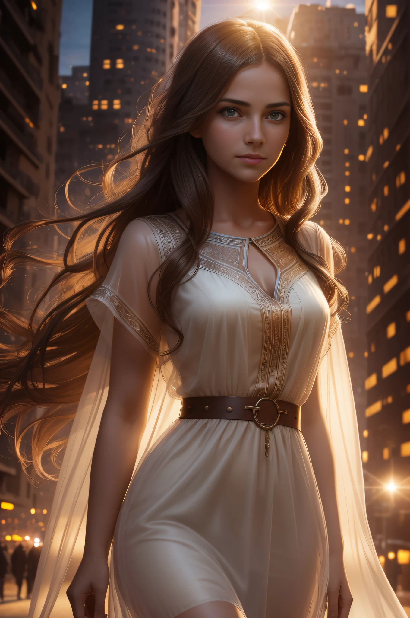 portrait shot, beautiful young woman in transparent western tunic dress, eyes visible through hair, correct eye position, natural skin, backlight, cinematic light, rim light, soft light, hips, night time, city side background, detailed colour correction background, complex, high detail, octane rendering, HD, 8k, by William Mortensen