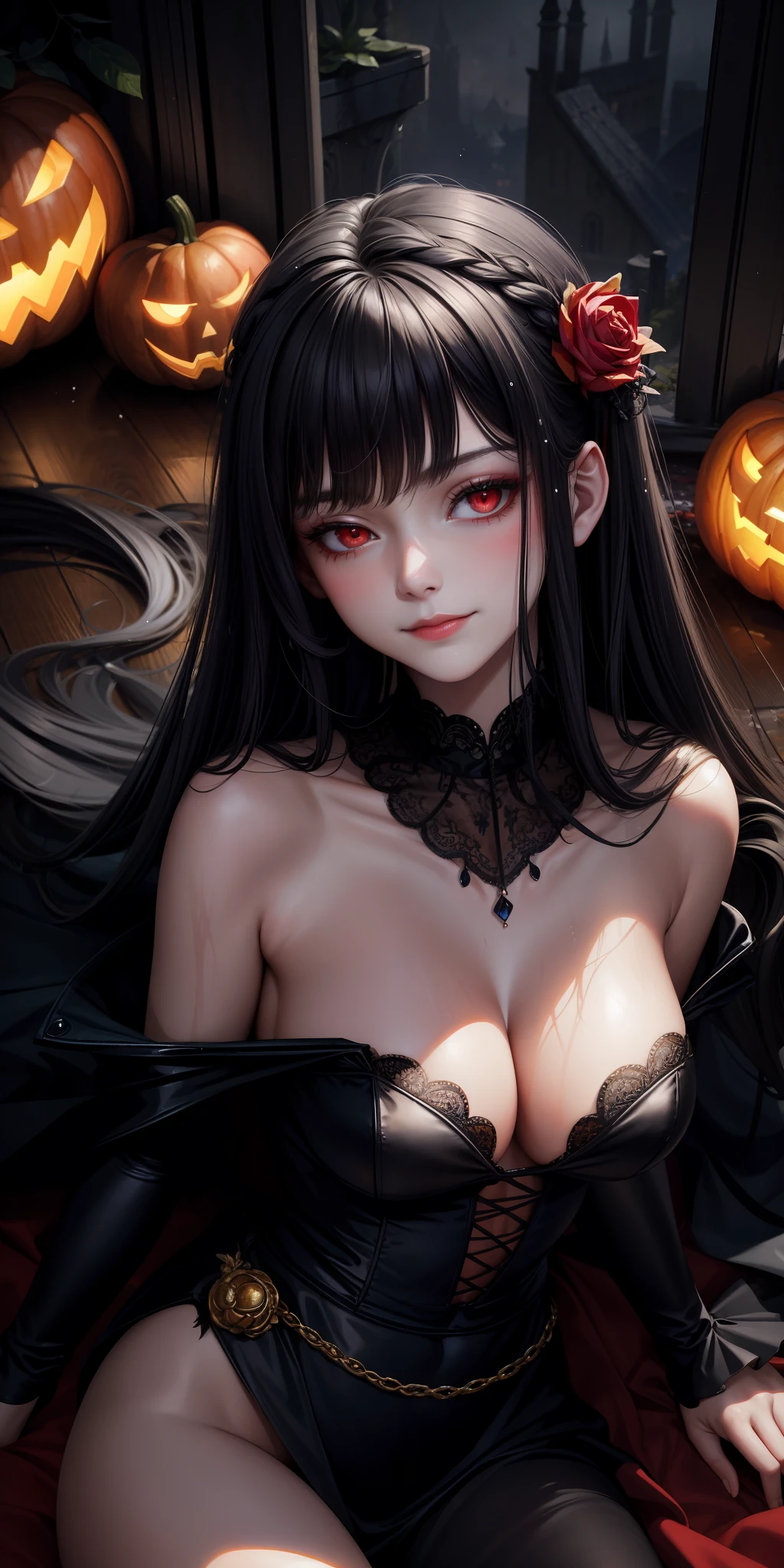(((masterpiece))), better quality, fairytale portrait, beautiful young woman with black hair and red eyes with blood running down her mouth in a slight smile, halloween night, wet night weather, wet clothes and a sensual neckline.