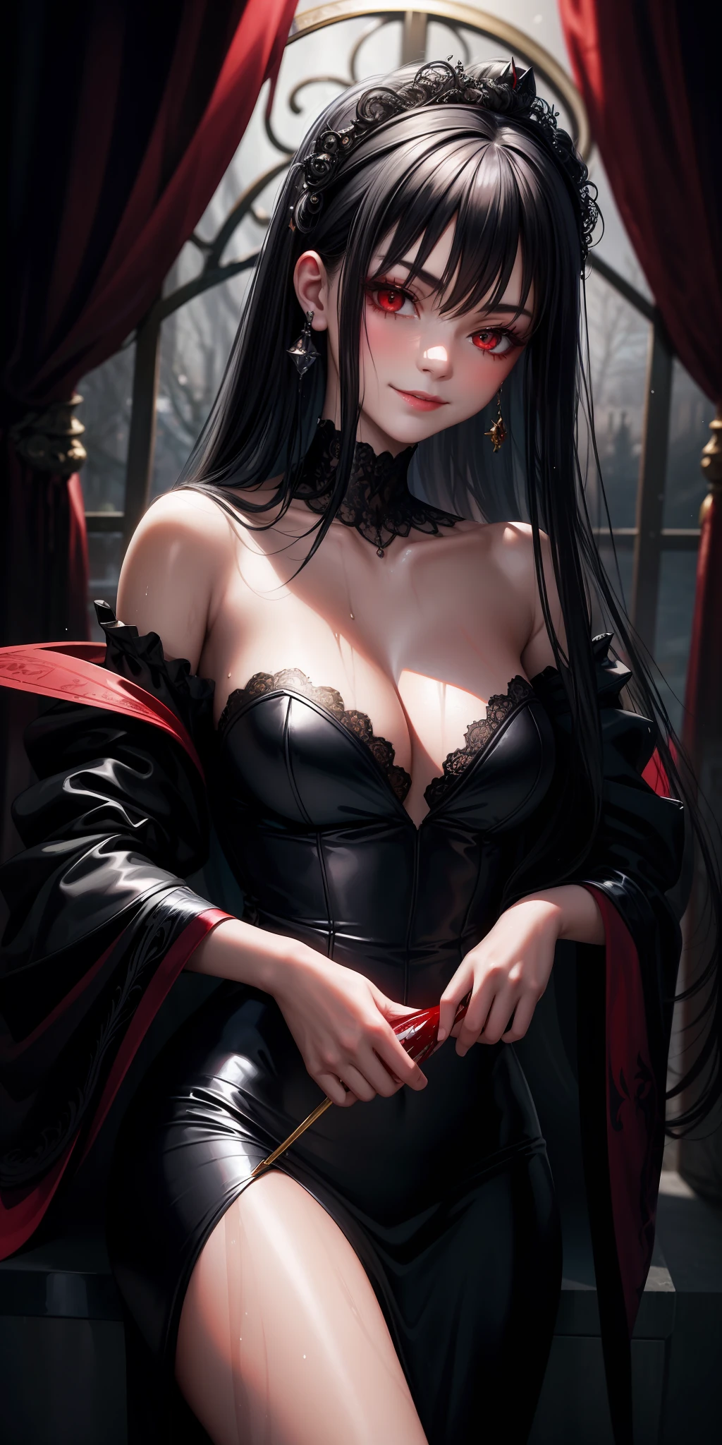 (((masterpiece))), better quality, fairytale portrait, beautiful young woman with black hair and red eyes with blood running down her mouth in a slight smile, halloween night, wet night weather, wet clothes and a sensual neckline.