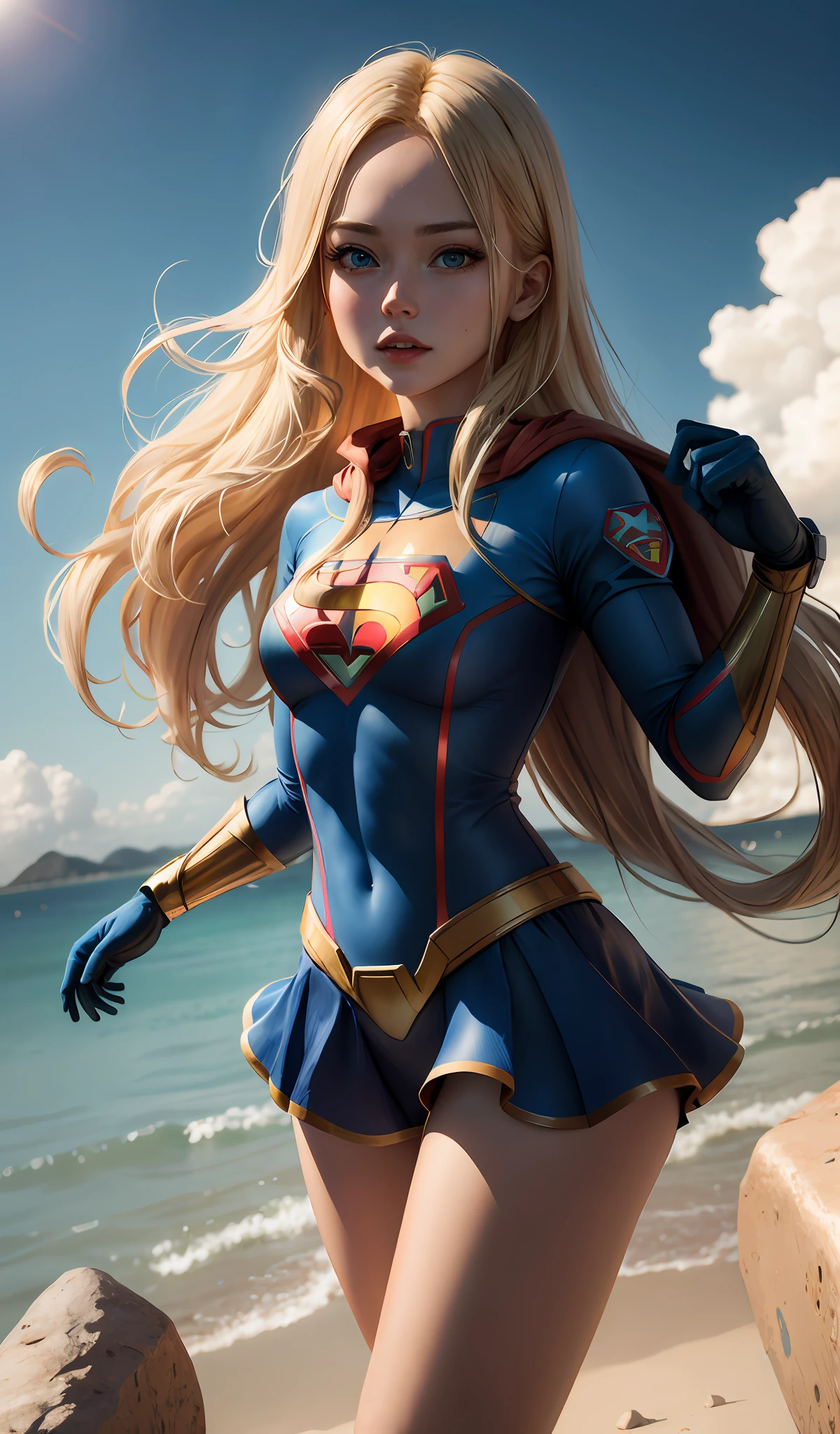 4k, realistic, carismatic, very detail, there is a girl on sky, wearing super girl costum, she is super girl, super hero theme, blonde long hair, 25 years old, full body