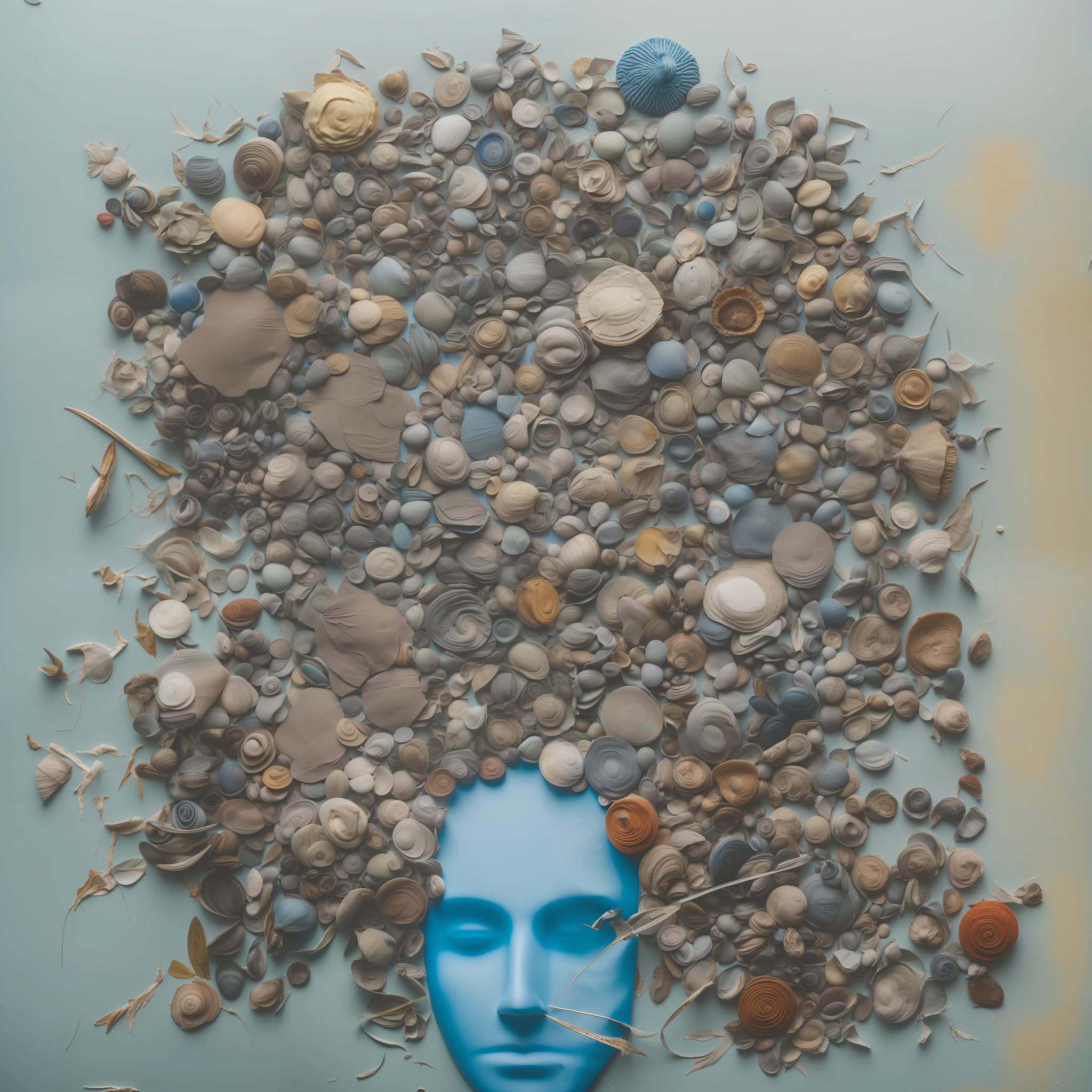 Art object, light blue and gold, Michael Creese, Steelpunk, Michael Hussar, white background, best quality, high quality, editorial photo, absurdists, masterpiece, intricate detail, film grain, intense red, fabrics, plush fabric, red face, barnacles, shells, barnacle sculptures, blue background, bodies, irregular, miscellaneous bodies covered with barnacles and fabric, single object, art object,  one thing --auto --s2