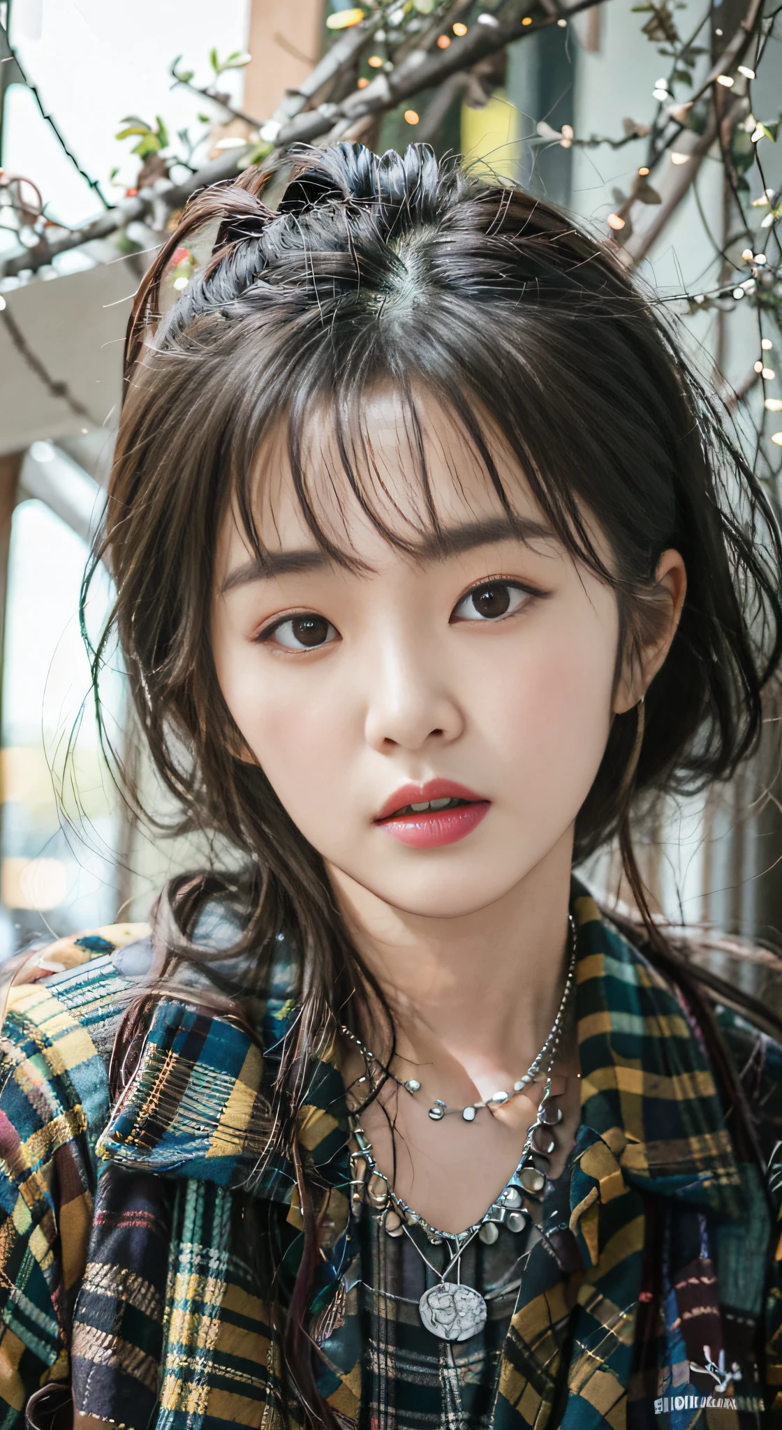 arafed asian woman with a plaid shirt and a necklace, beautiful south korean woman, beautiful young korean woman, korean girl, korean artist, heonhwa choe, korean woman, portrait of female korean idol, gorgeous young korean woman, jinyoung shin, popular south korean makeup, janice sung, park ji-min, lee ji - eun, lee ji-eun