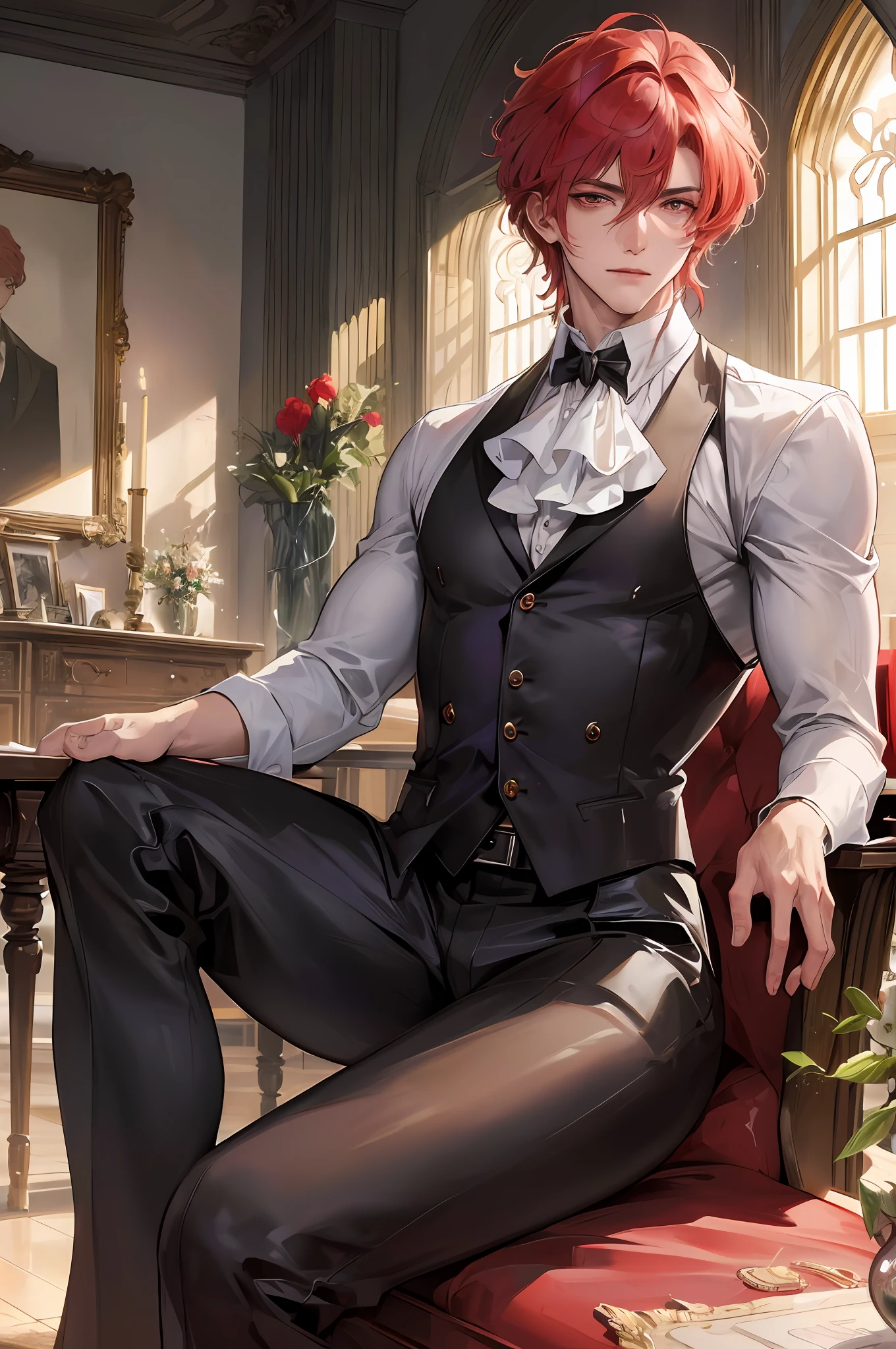 Official Art, Masterpiece, Sharp Focus, (Beautiful Gorgeous Man:1.3), (Beautiful, Thick Man:1.3), Delicate and Beautiful Hair and Eyes and Face, Realistic, Very detailed, Muscular Body, Sitting at the desk of the aristocratic office, (Side lighting:1.2), Dust effect, ((Looking ahead, with both eyes open)), Short curly hair, Building, (Vision:1.7), Detailed platinum red hair, shining red eyes, gorgeous western suit, mischievous expression,