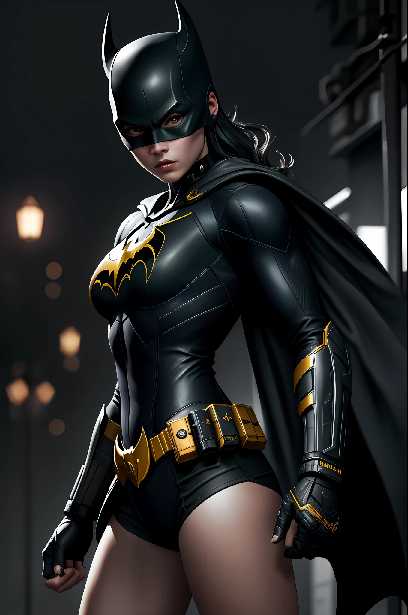(8k, RAW photo, best quality, masterpiece: 1.2), ultra detailed, official art, photo-realistic: 1.37, upper body shot, DC Batgirl holding batrang film grain, action pose, heavy rain