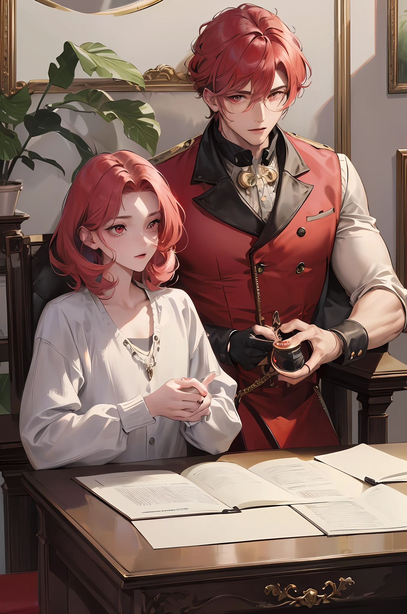 Official art, masterpiece, sharp focus, (beautiful gorgeous man:1.3), (beautiful, thick-lined man:1.3), delicate and beautiful hair and eyes and face, realistic, very detailed, muscular man, sitting at a desk in the aristocratic office, (side lighting:1.2), dust effect, thin, ((looking forward, with two eyes open)), short curly hair, building, (vision diameter:1.7), detailed platinum red hair, shining red eyes, colorful western suit, mischievous expression